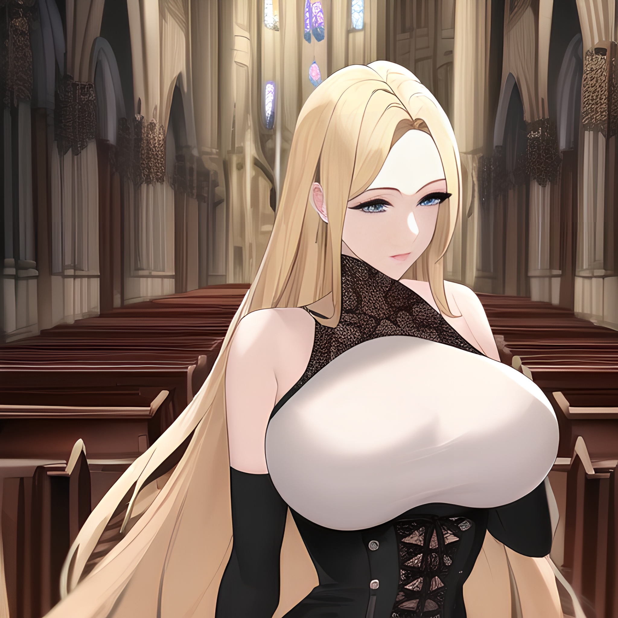 front view fishnet small boobs nude church long hair woman blonde 