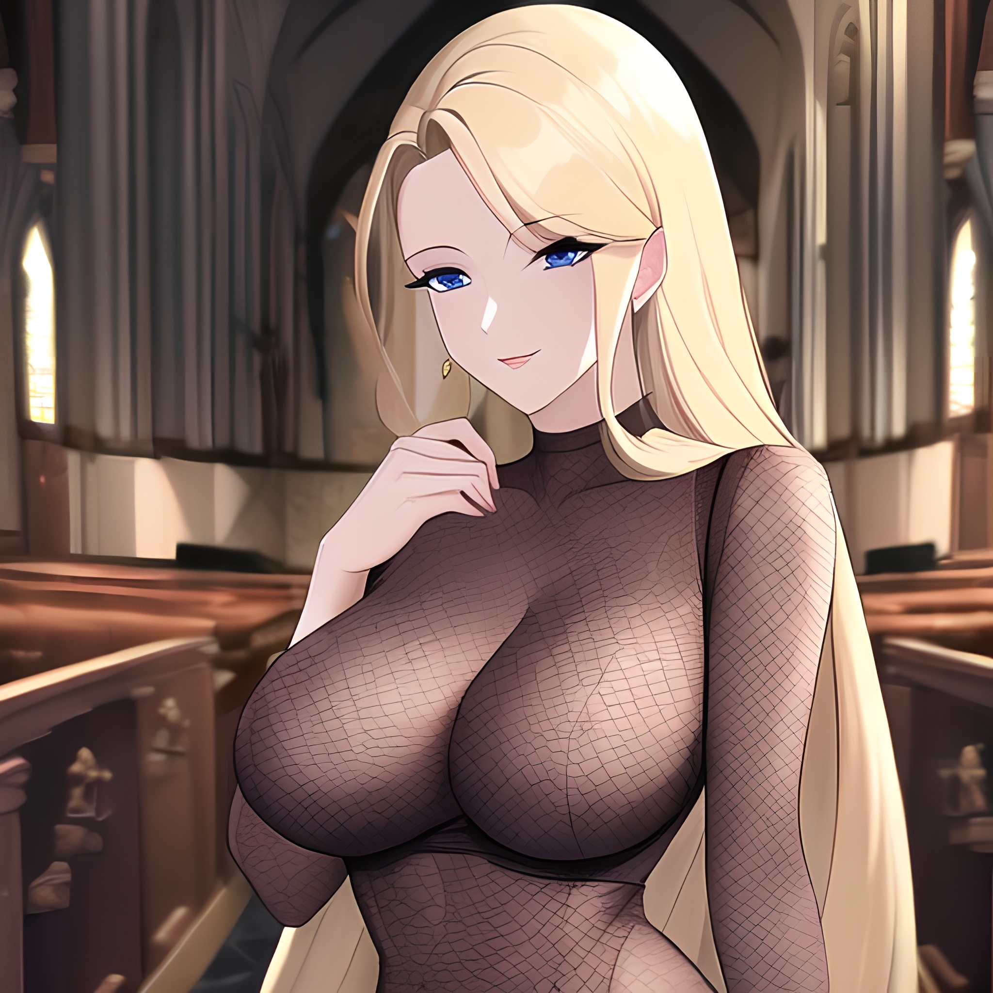 front view long hair church nude small boobs blonde fishnet woman 