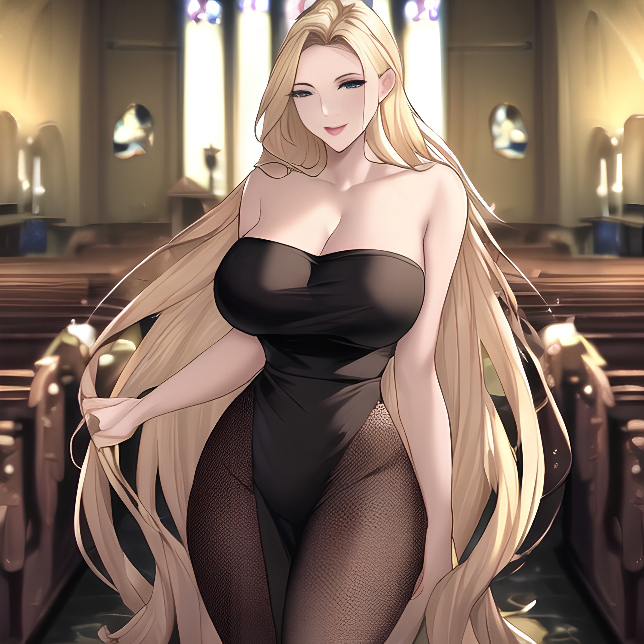 front view long hair church woman fishnet small boobs blonde nude 