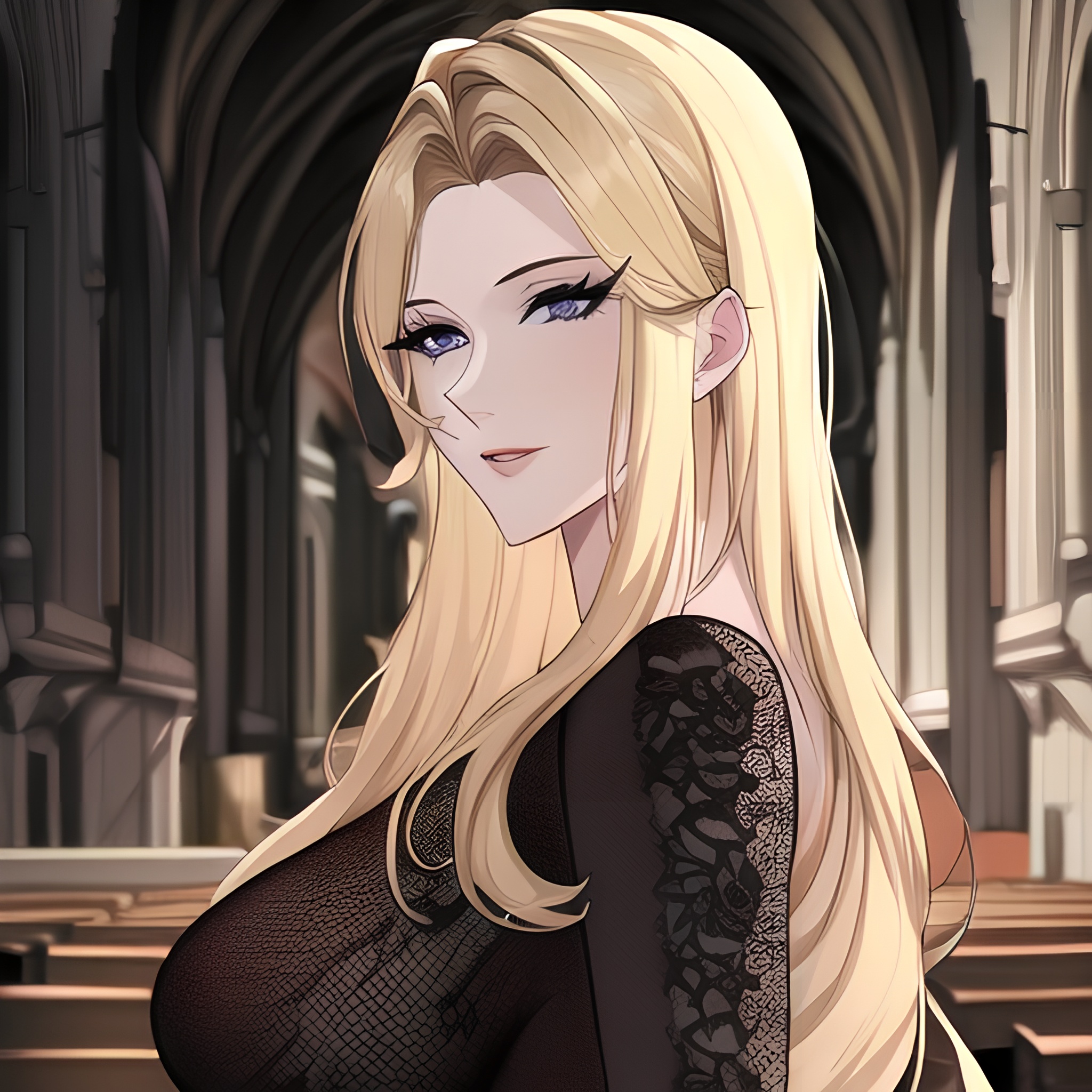 front view long hair fishnet blonde woman small boobs church nude 