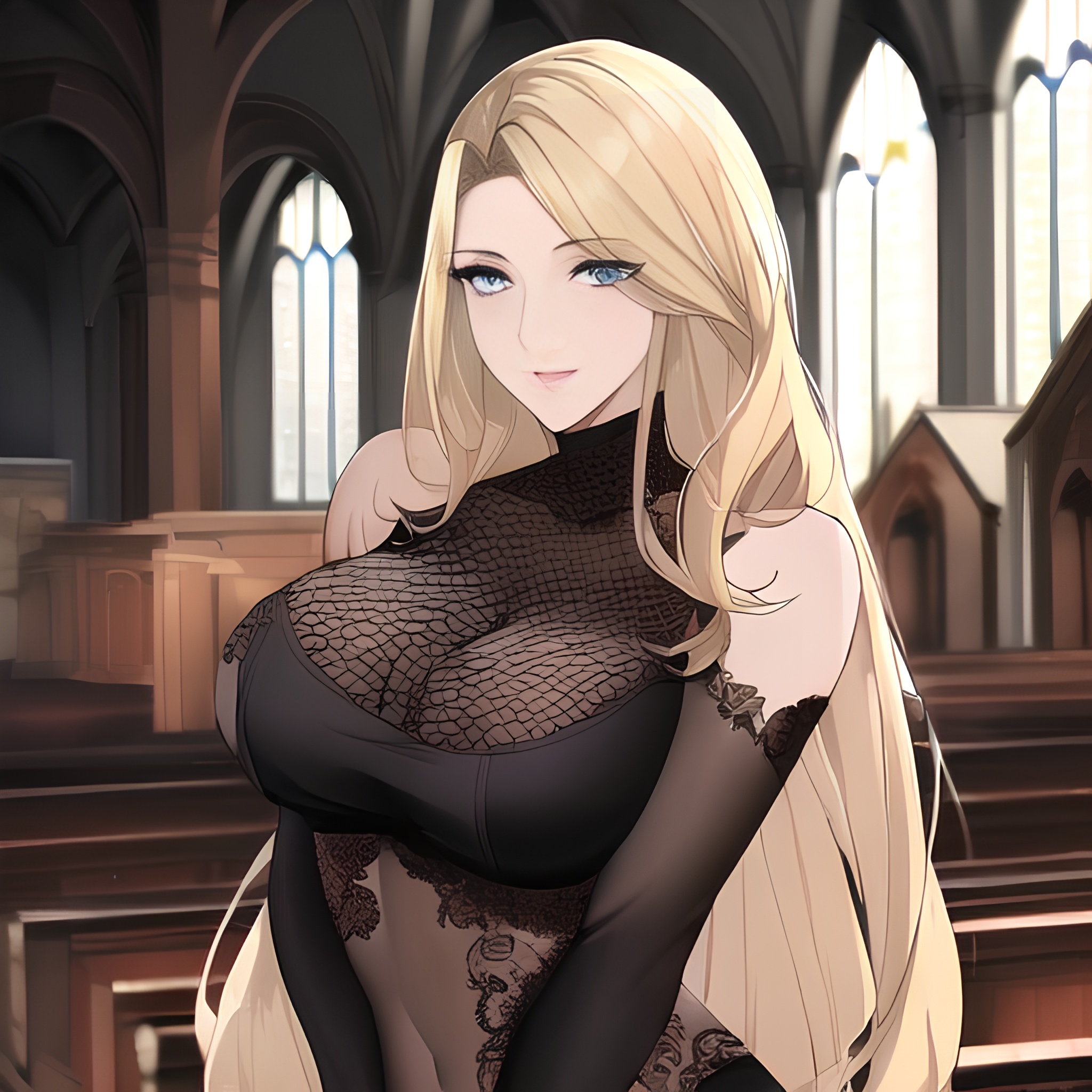 front view long hair fishnet nude blonde small boobs woman church