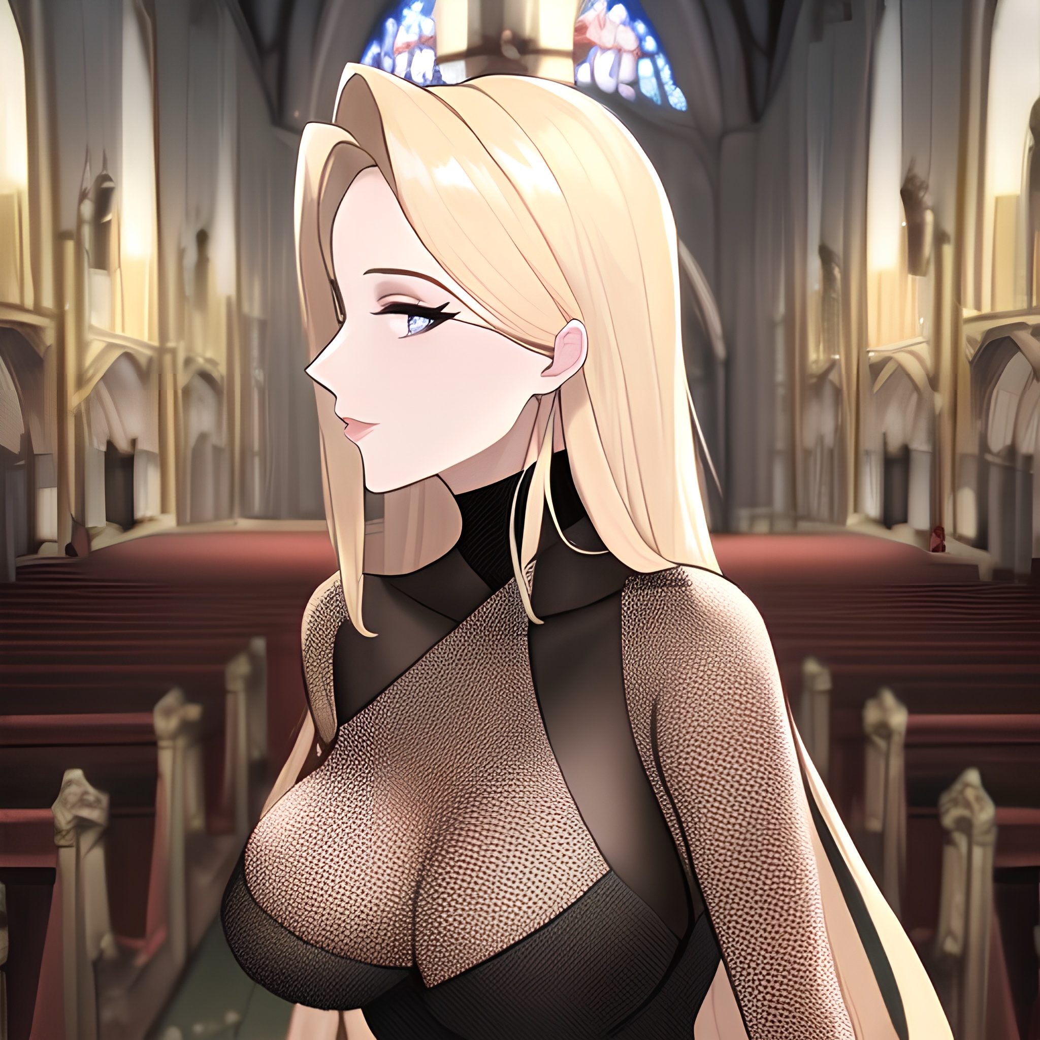 front view long hair nude blonde woman fishnet church small boobs 