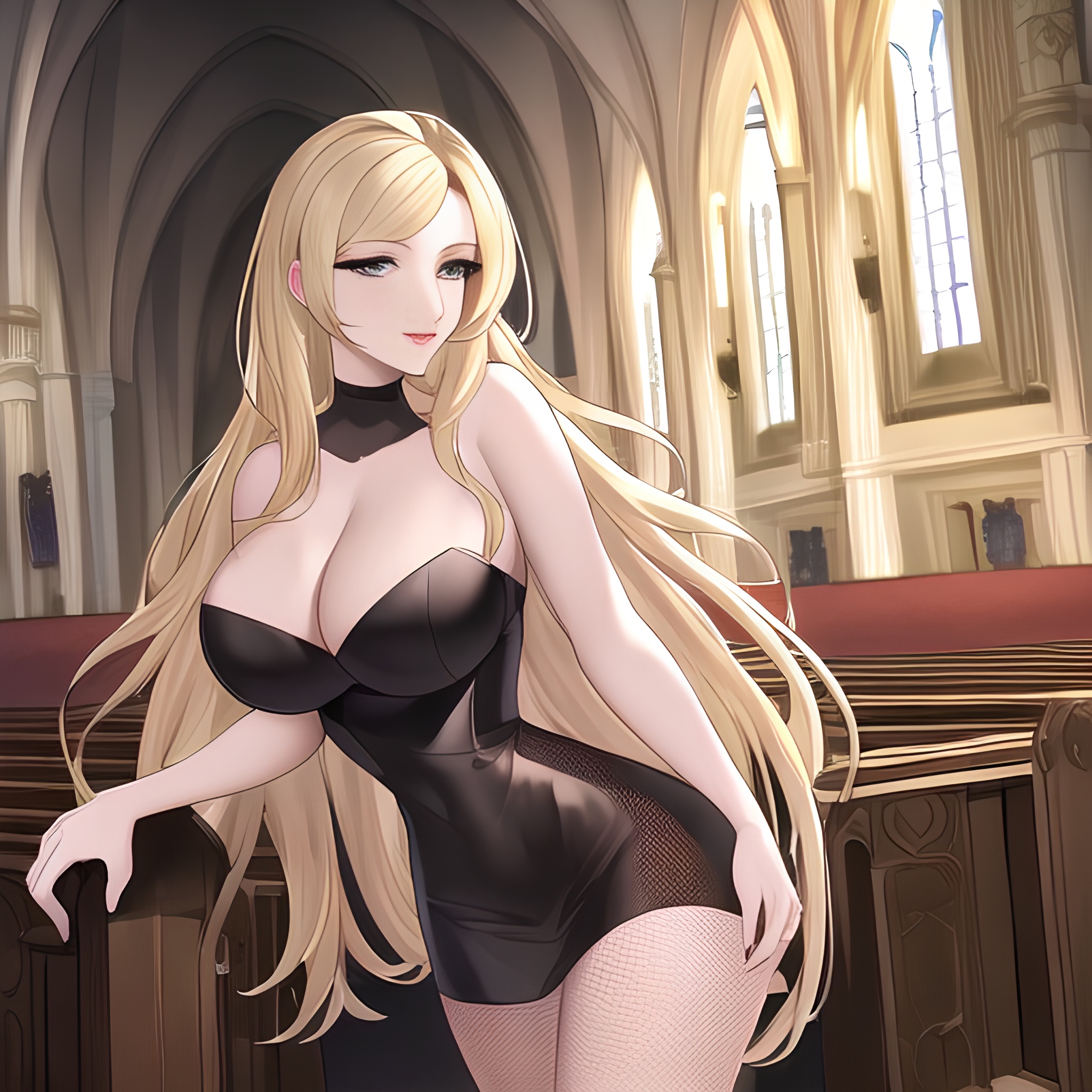 front view long hair nude church small boobs fishnet blonde woman 