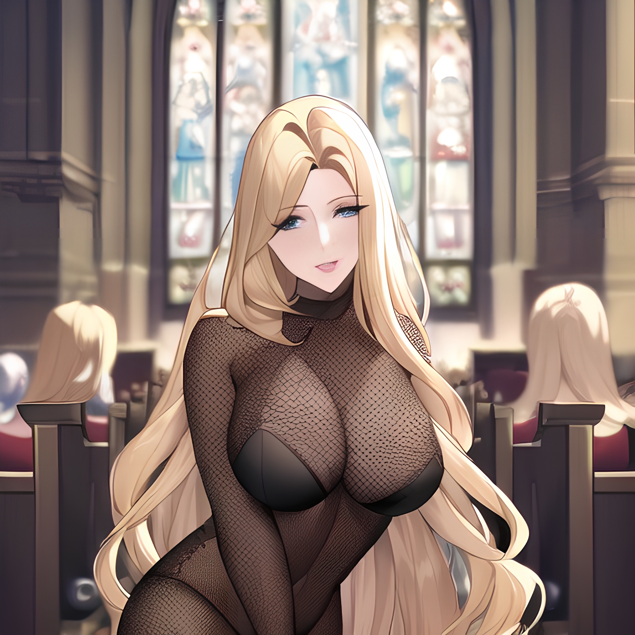 front view long hair nude small boobs woman church fishnet blonde 