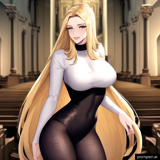 front view long hair woman church blonde fishnet nude small boobs 