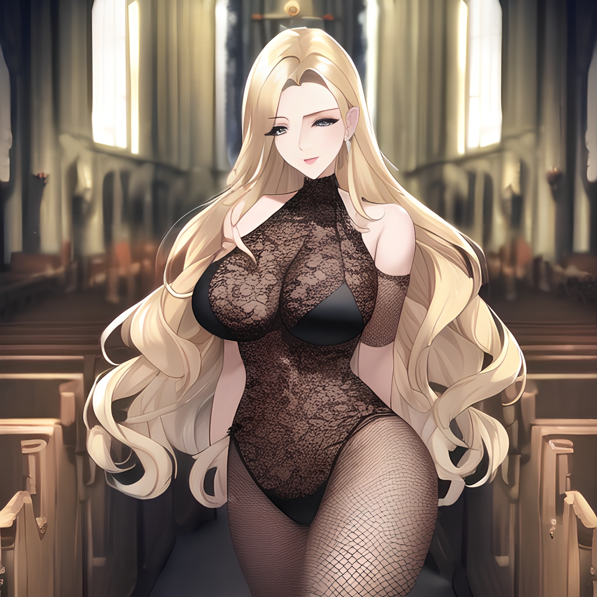 front view long hair woman nude blonde fishnet church small boobs 