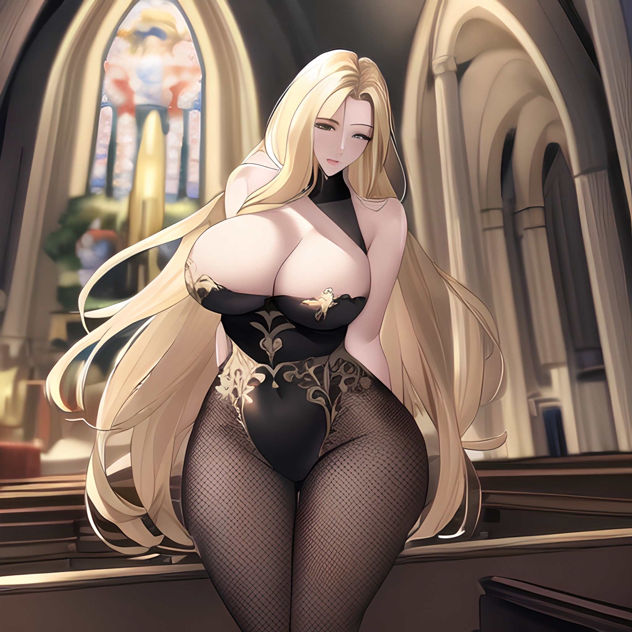 front view long hair woman small boobs blonde fishnet church nude 