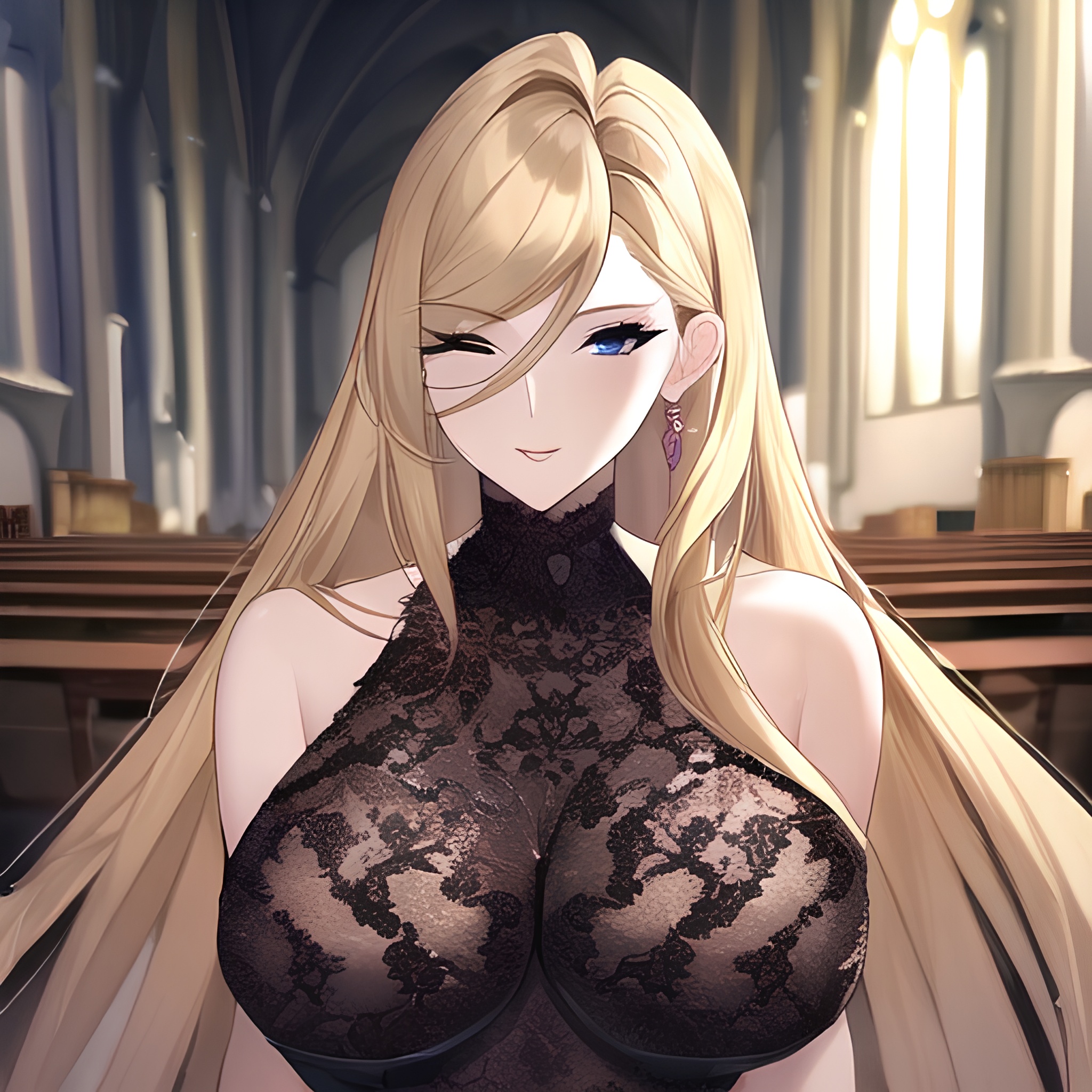 front view long hair woman small boobs fishnet blonde church nude 