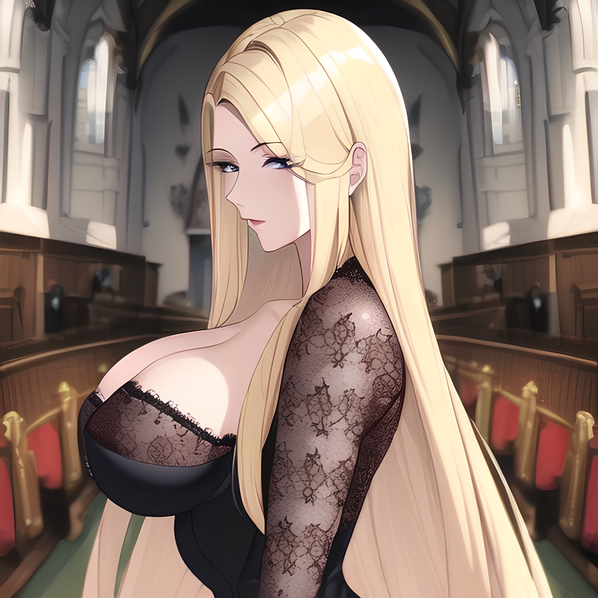 front view nude blonde long hair church woman small boobs fishnet 