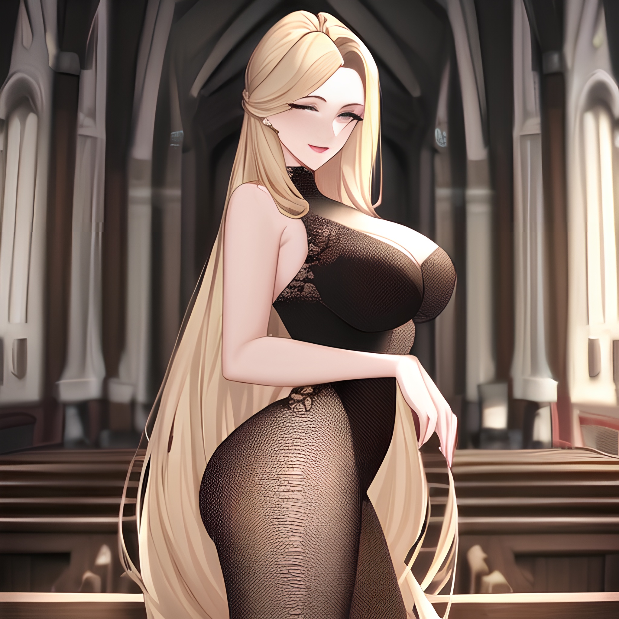 front view nude blonde small boobs fishnet long hair woman church 