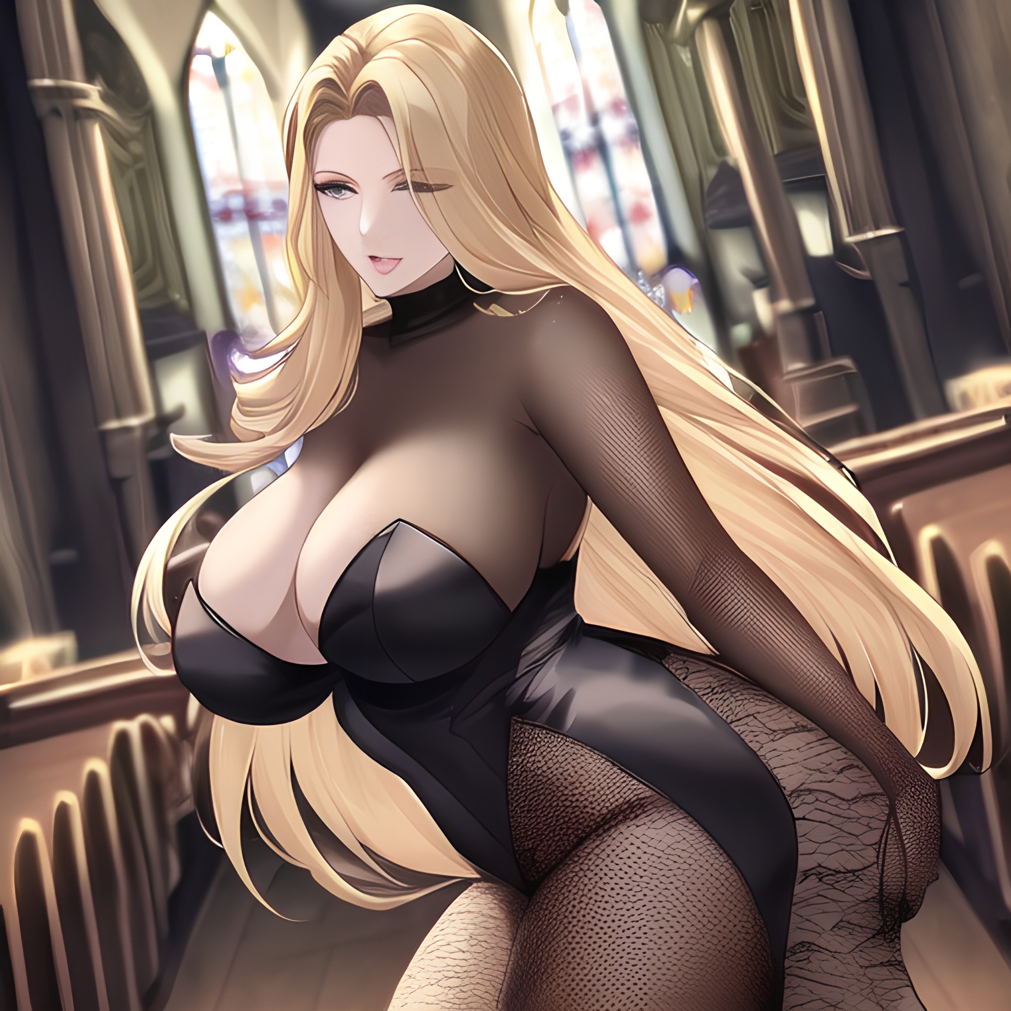 front view nude church long hair fishnet small boobs woman blonde 