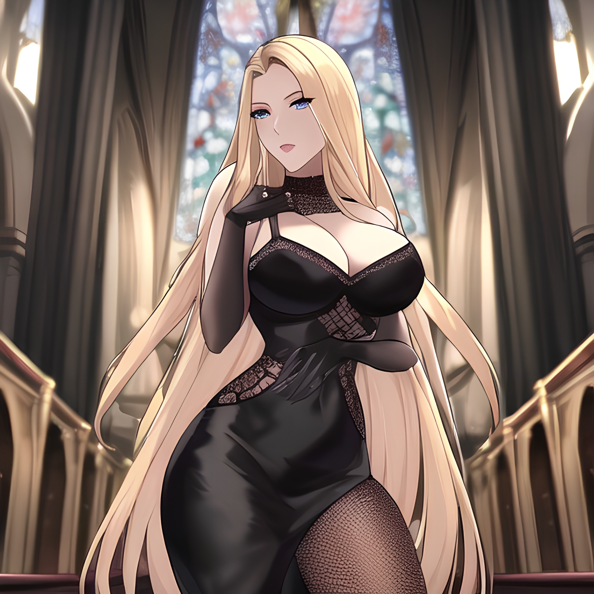 front view nude church woman small boobs long hair fishnet blonde 