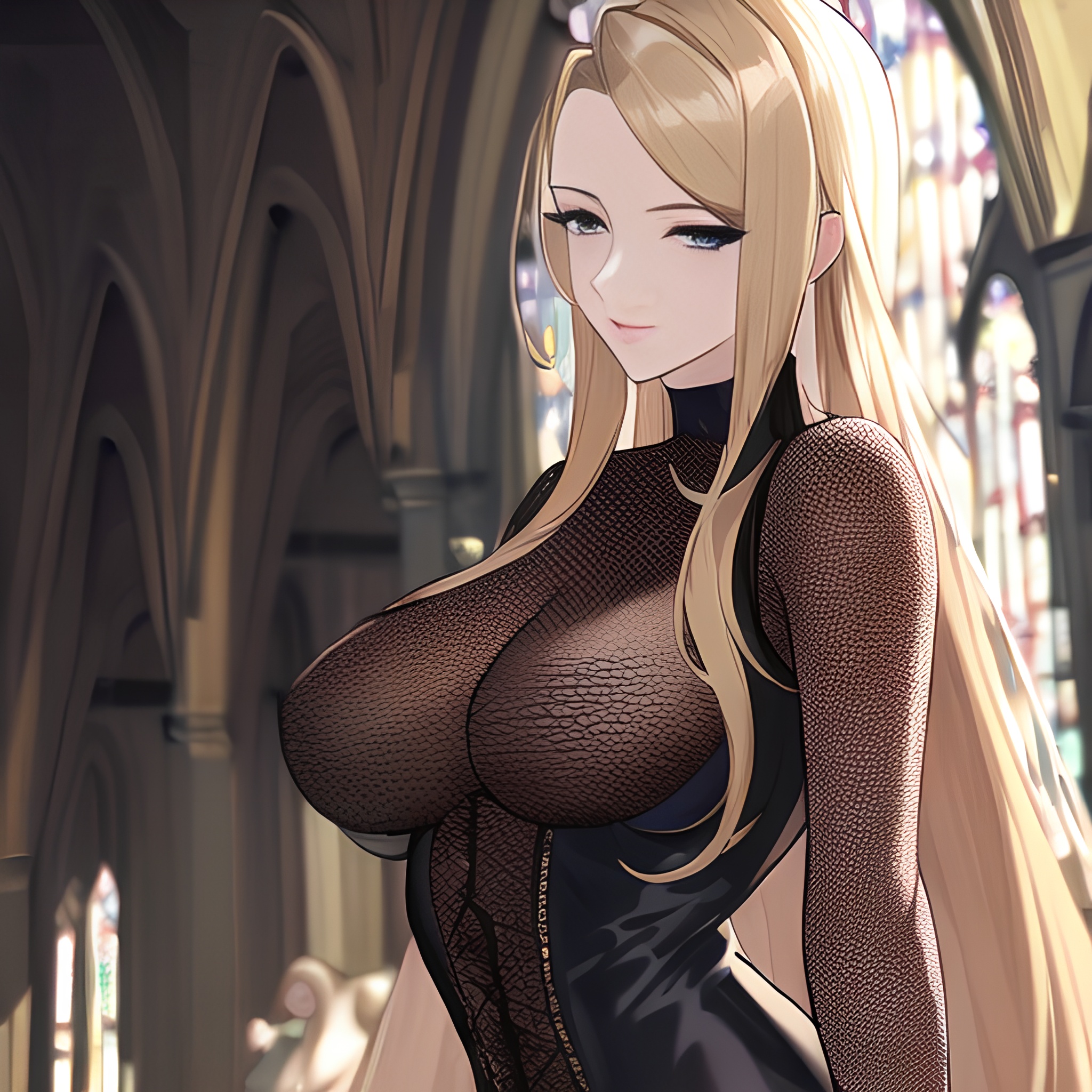 front view nude fishnet long hair church small boobs blonde woman 