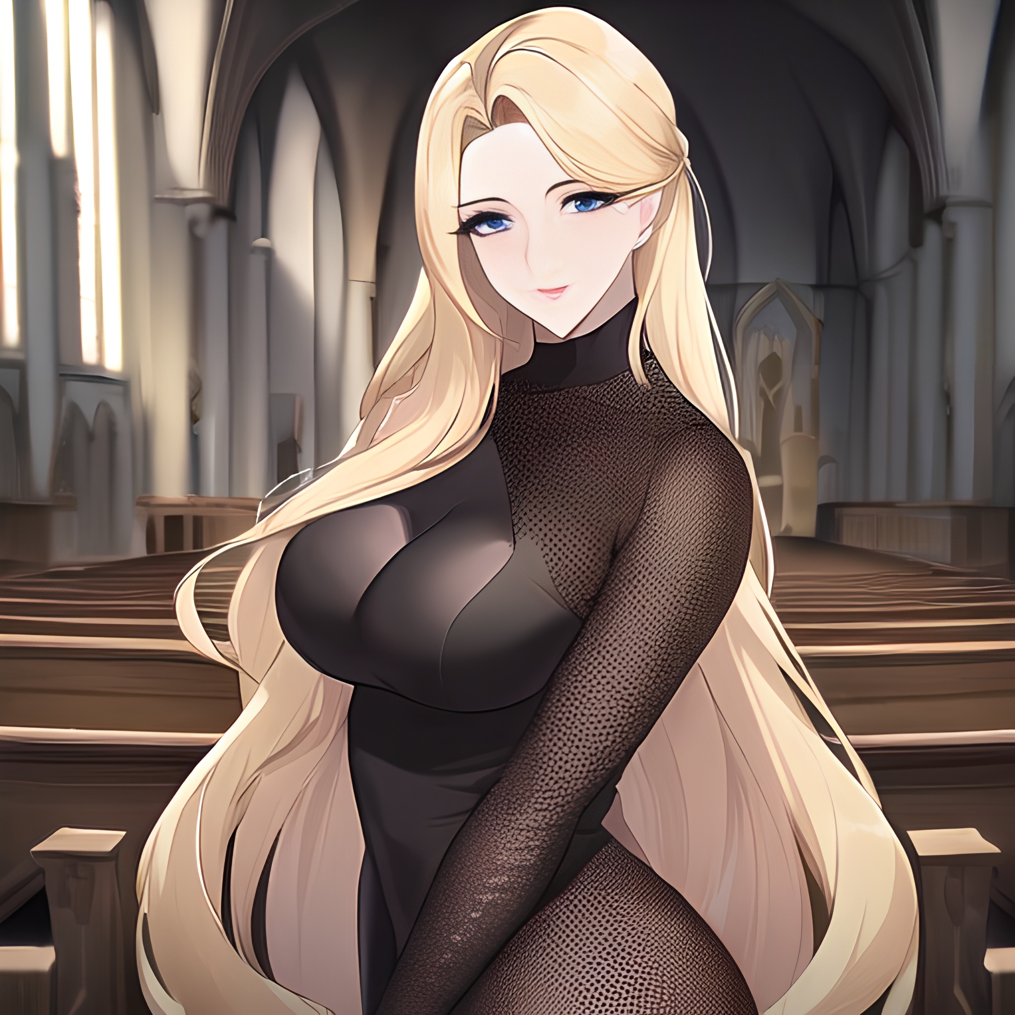 front view nude long hair church blonde woman fishnet small boobs 