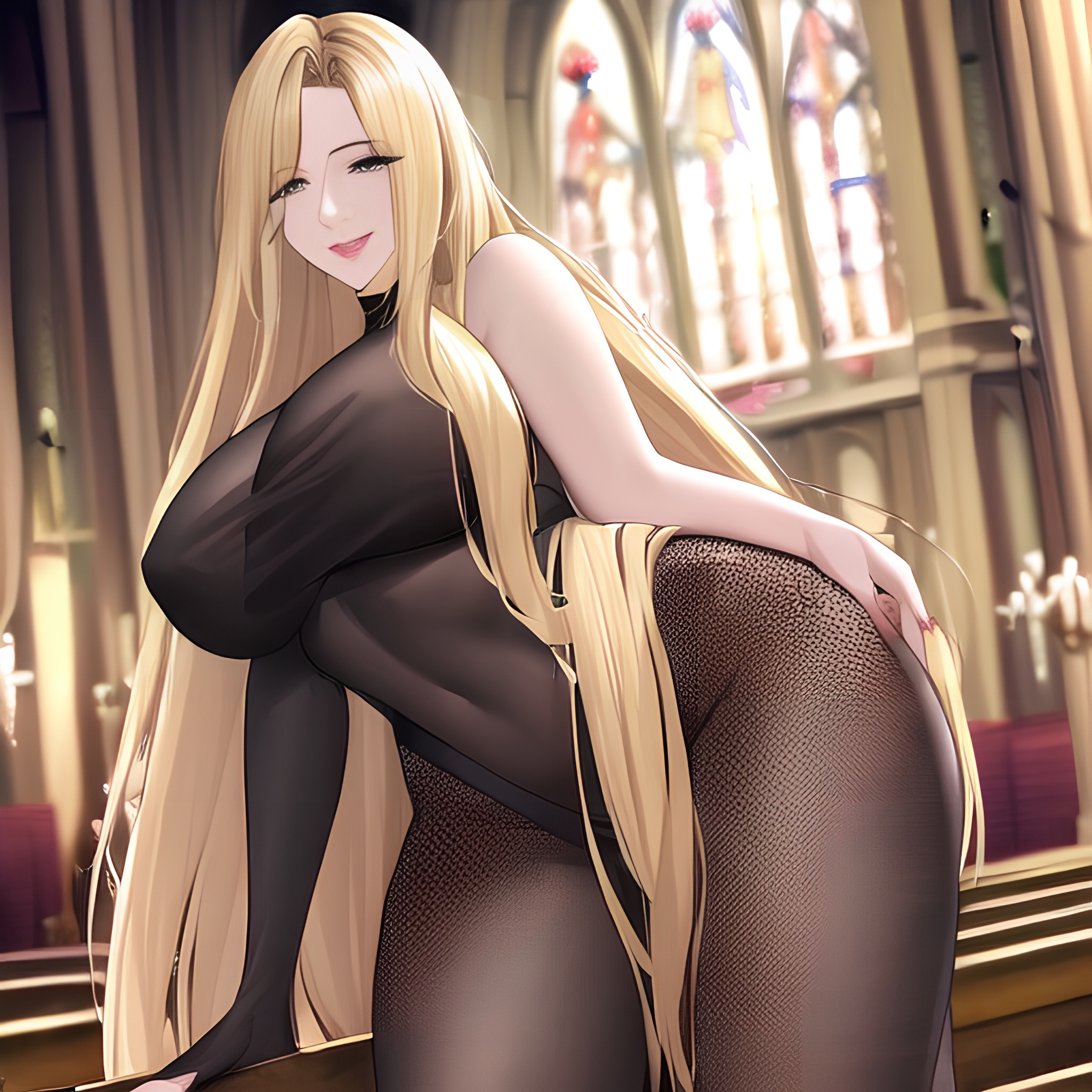 front view nude long hair fishnet woman blonde church small boobs 