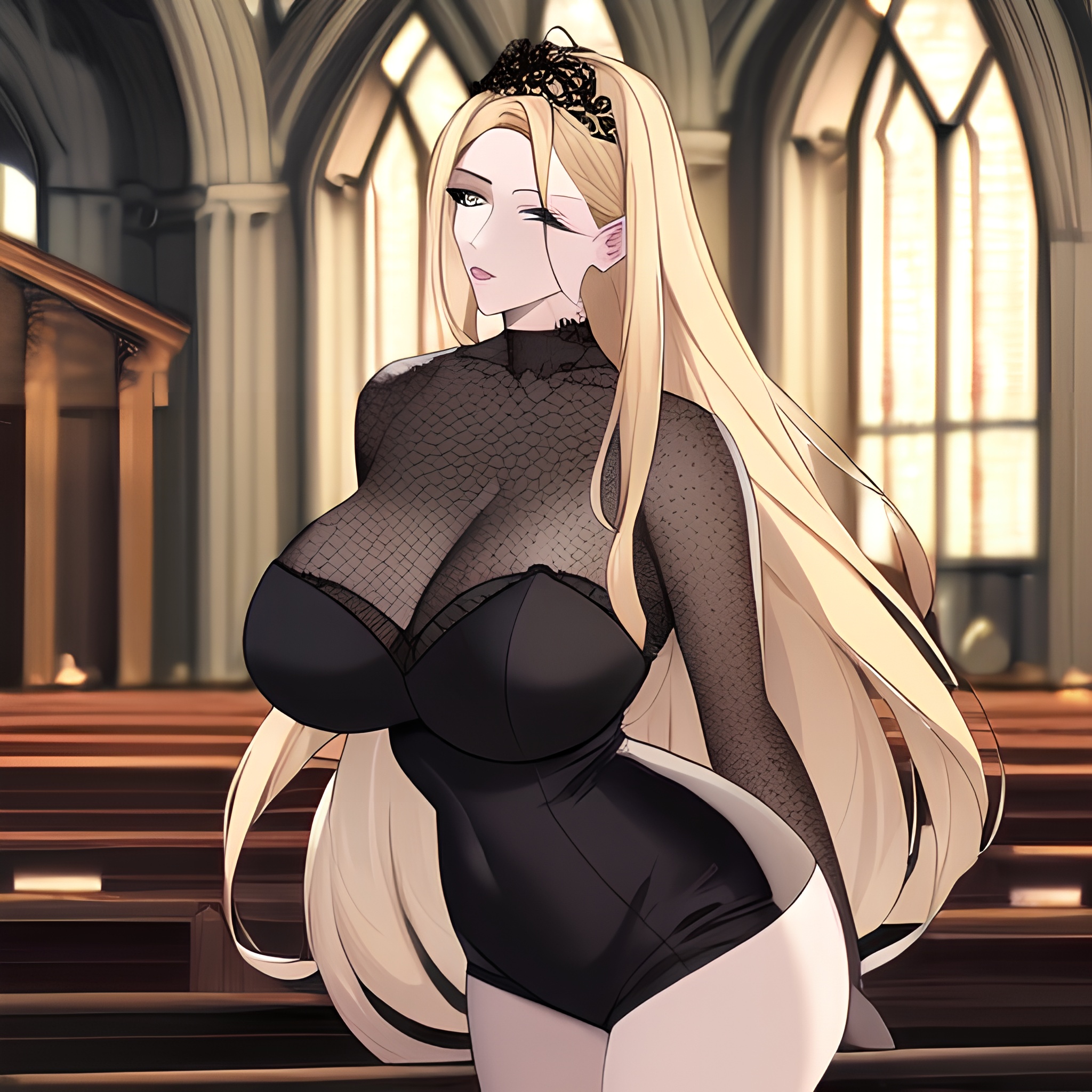 front view nude small boobs long hair woman church blonde fishnet 