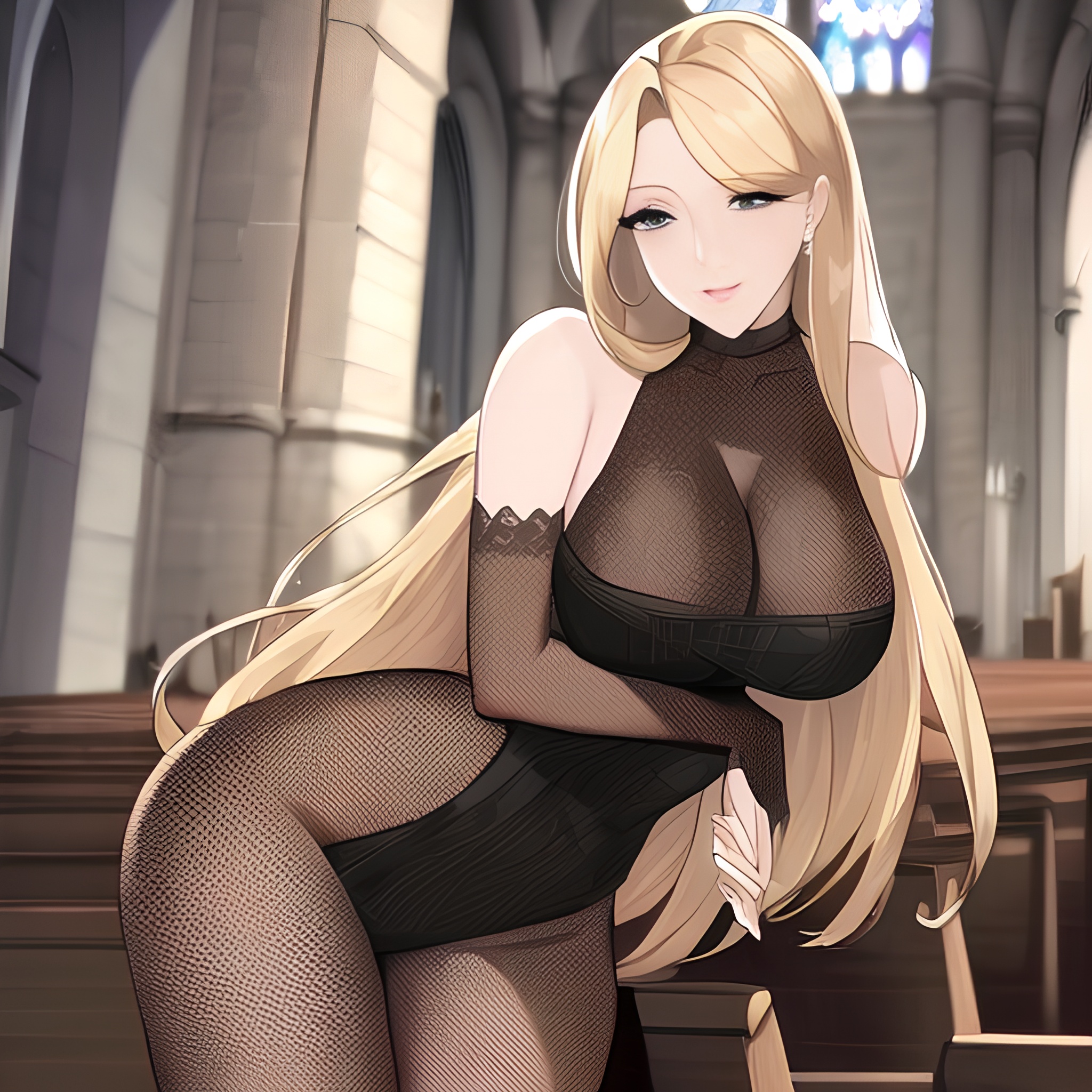 front view nude woman blonde church small boobs fishnet long hair 