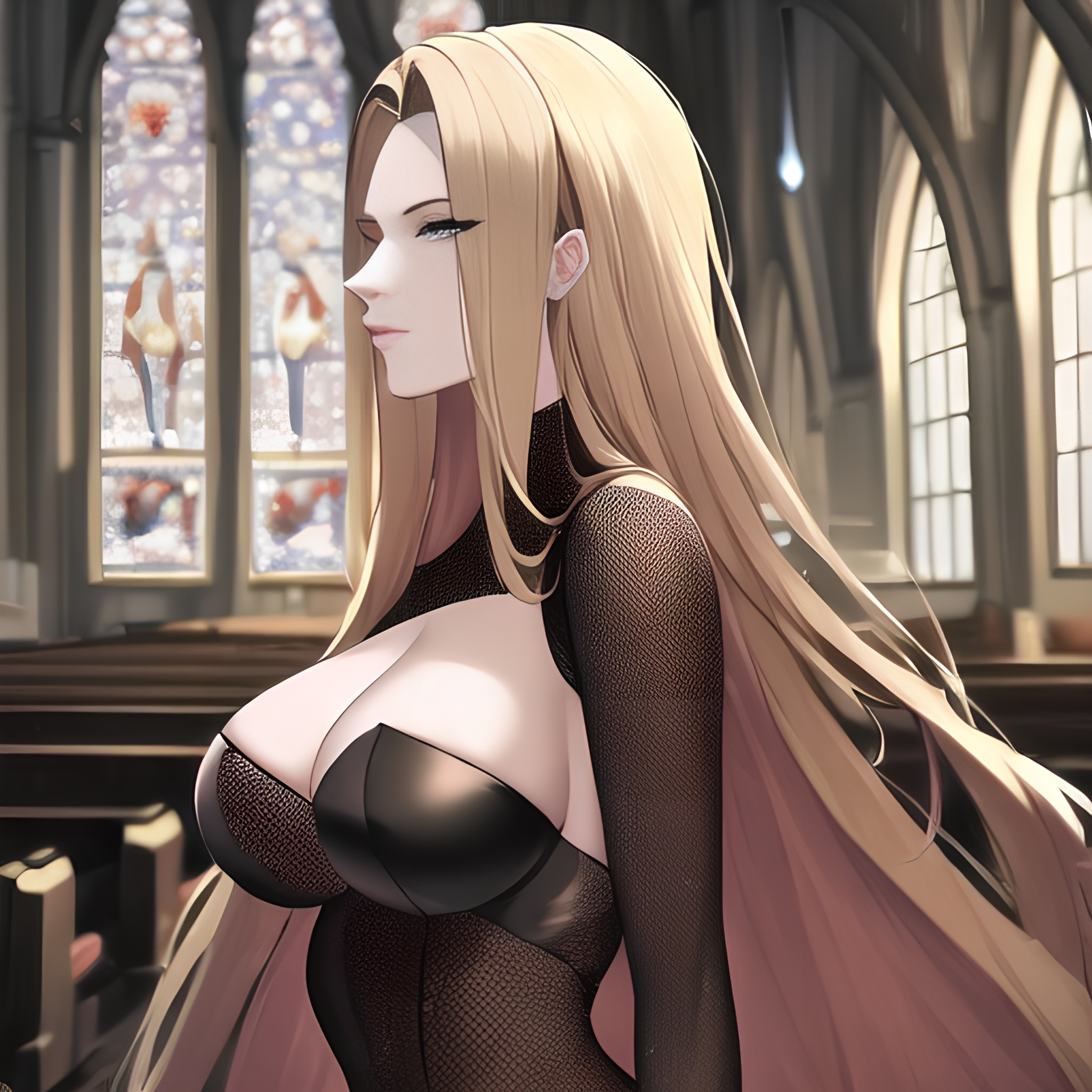 front view small boobs blonde church nude woman long hair fishnet 