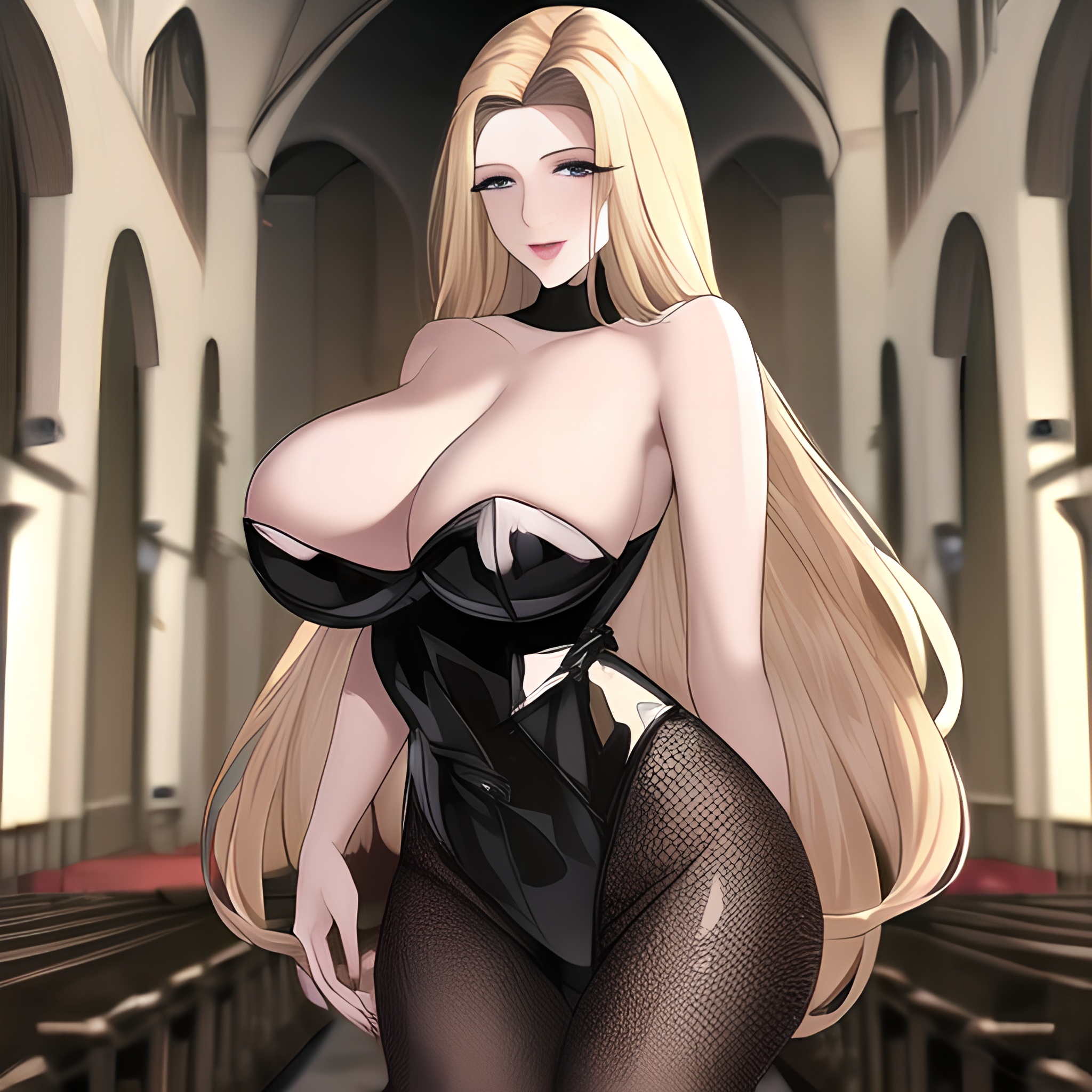 front view small boobs blonde fishnet woman church long hair nude 