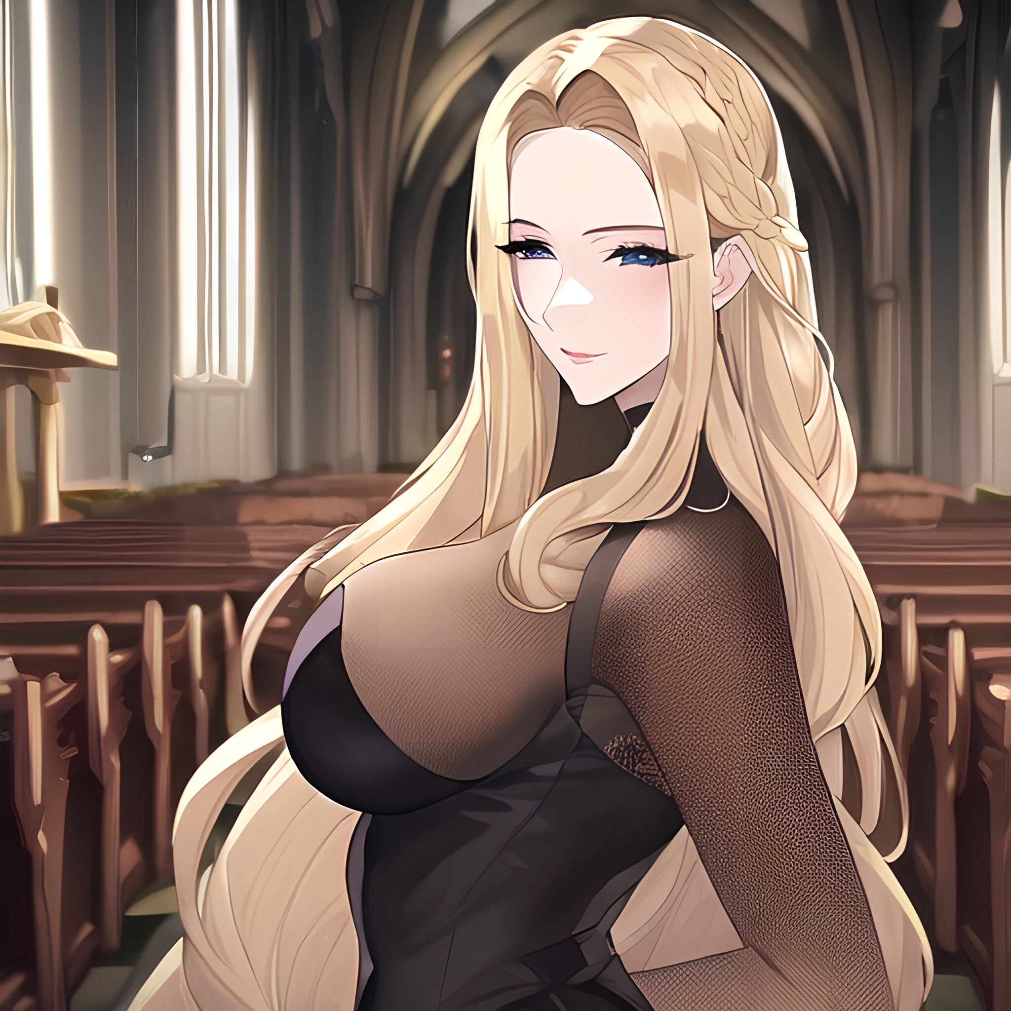 front view small boobs blonde fishnet woman church nude long hair 