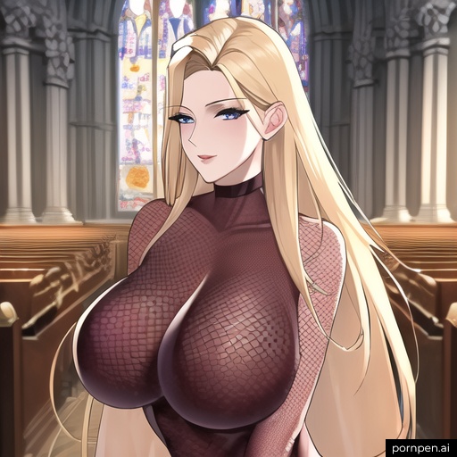 front view small boobs blonde long hair church fishnet woman nude 