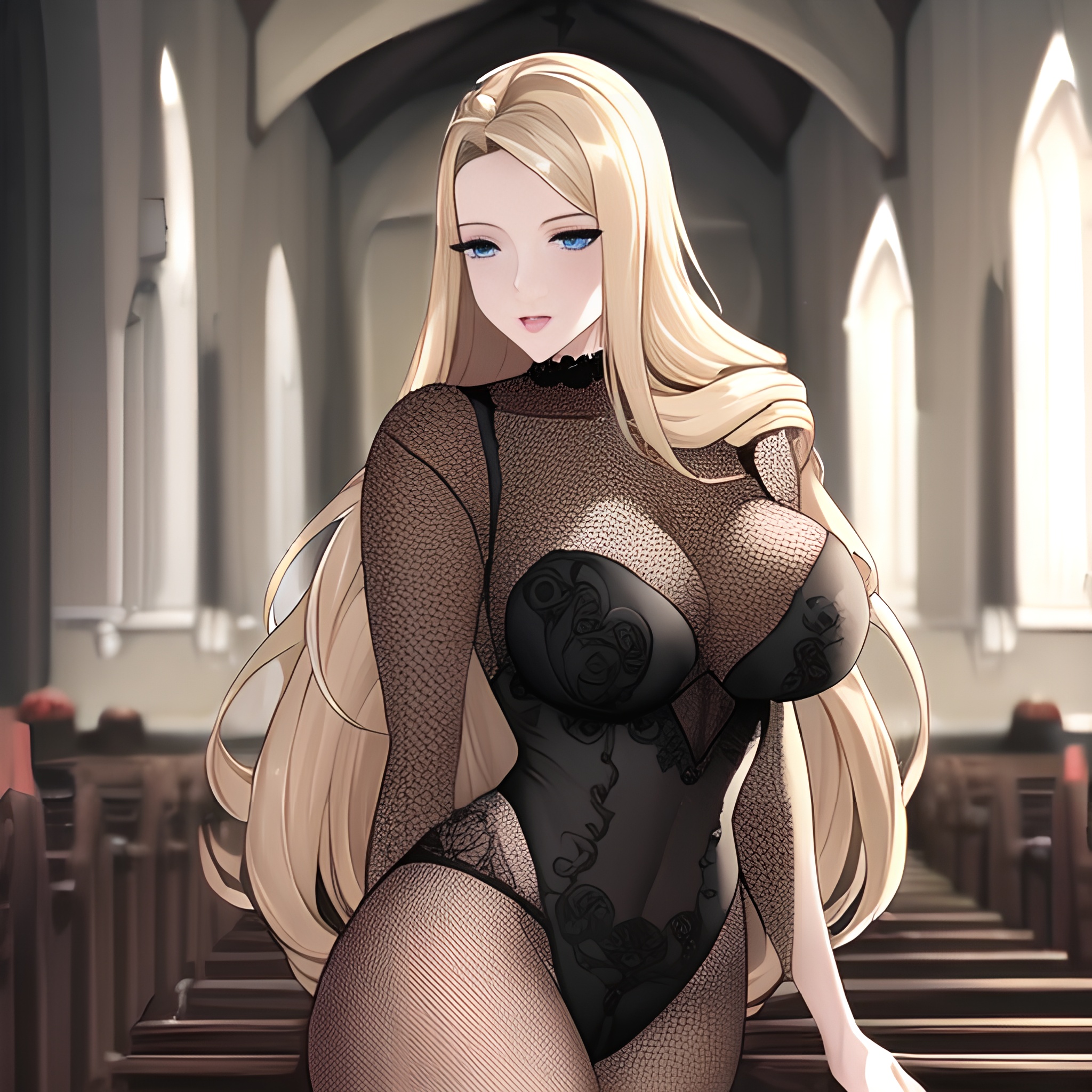 front view small boobs blonde long hair fishnet nude woman church 