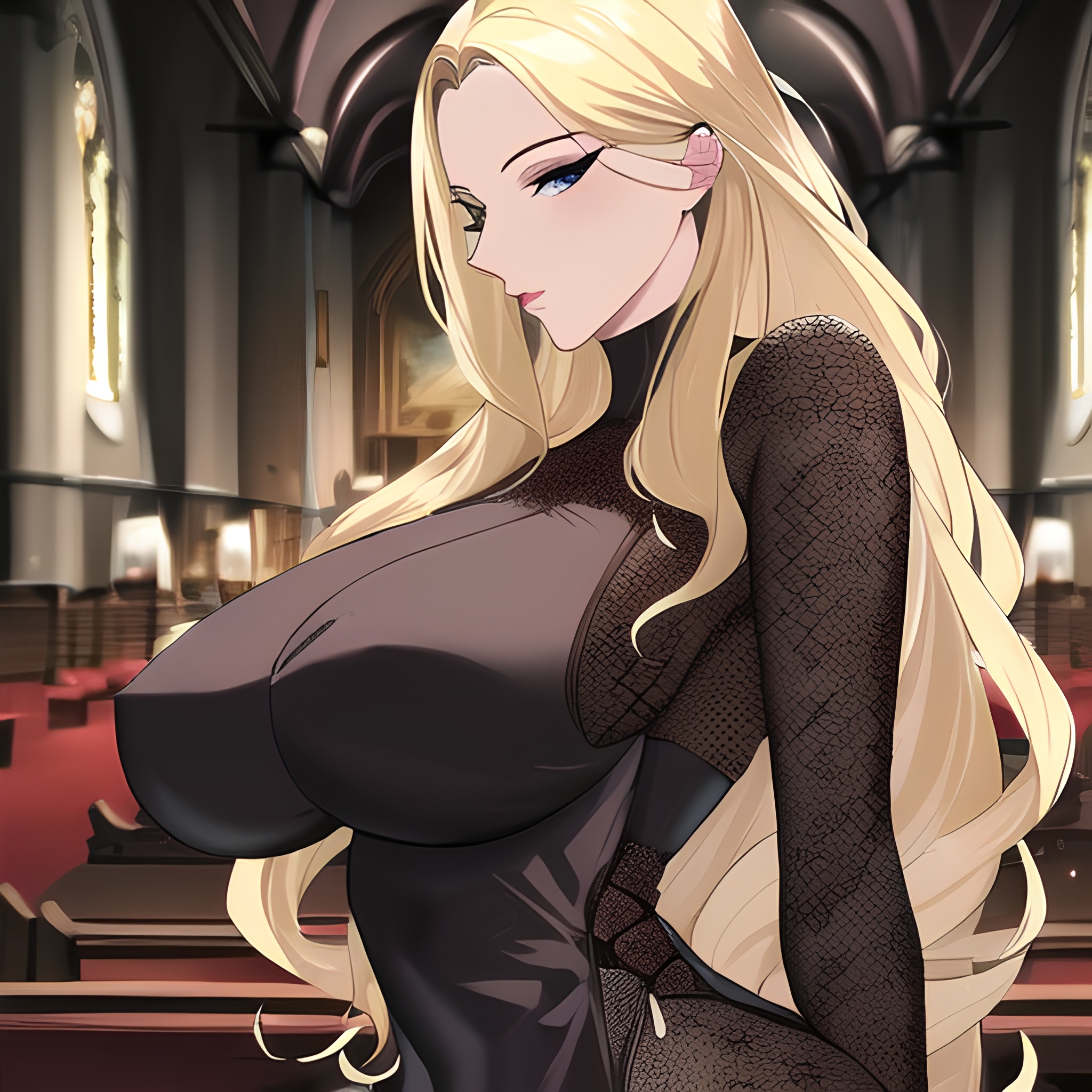 front view small boobs church blonde fishnet nude long hair woman 
