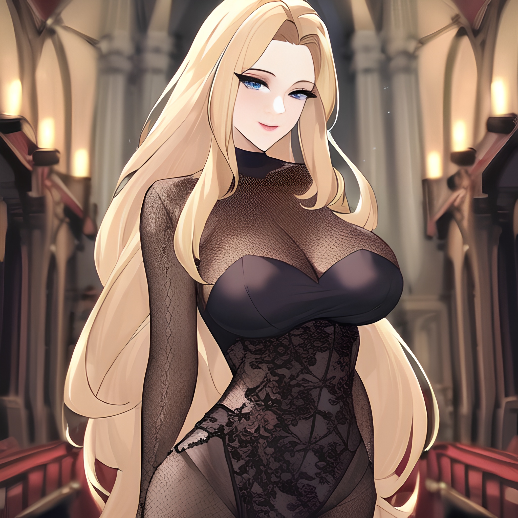 front view small boobs church long hair blonde nude fishnet woman 