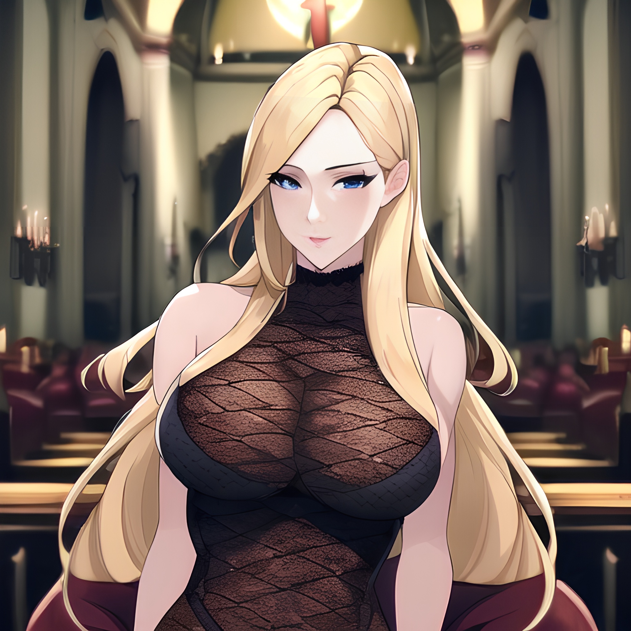 front view small boobs church long hair fishnet blonde nude woman 