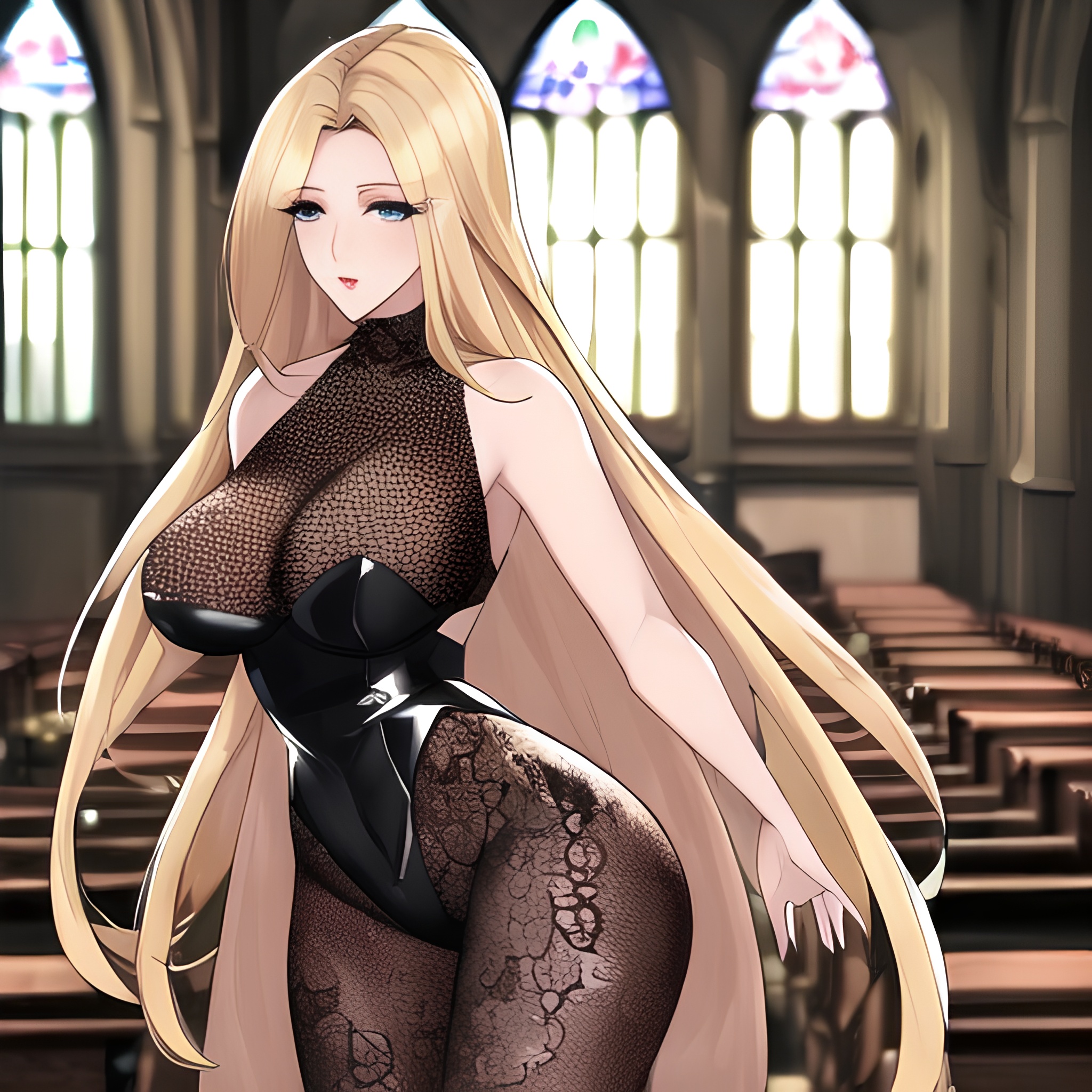 front view small boobs church nude long hair woman fishnet blonde 