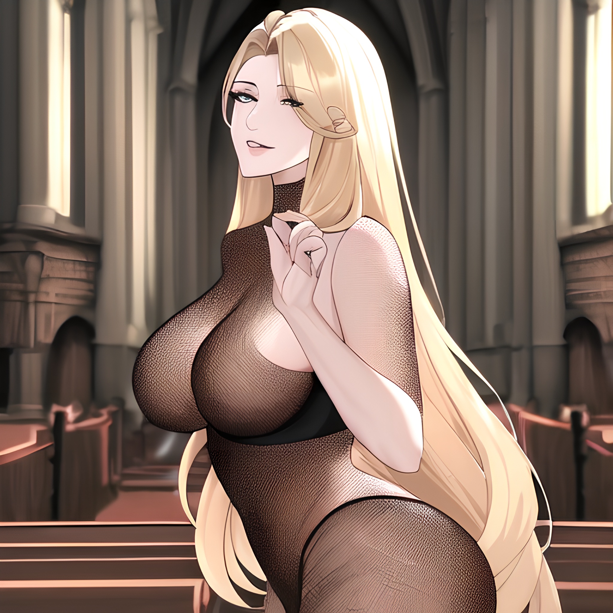front view small boobs fishnet long hair nude blonde church woman 