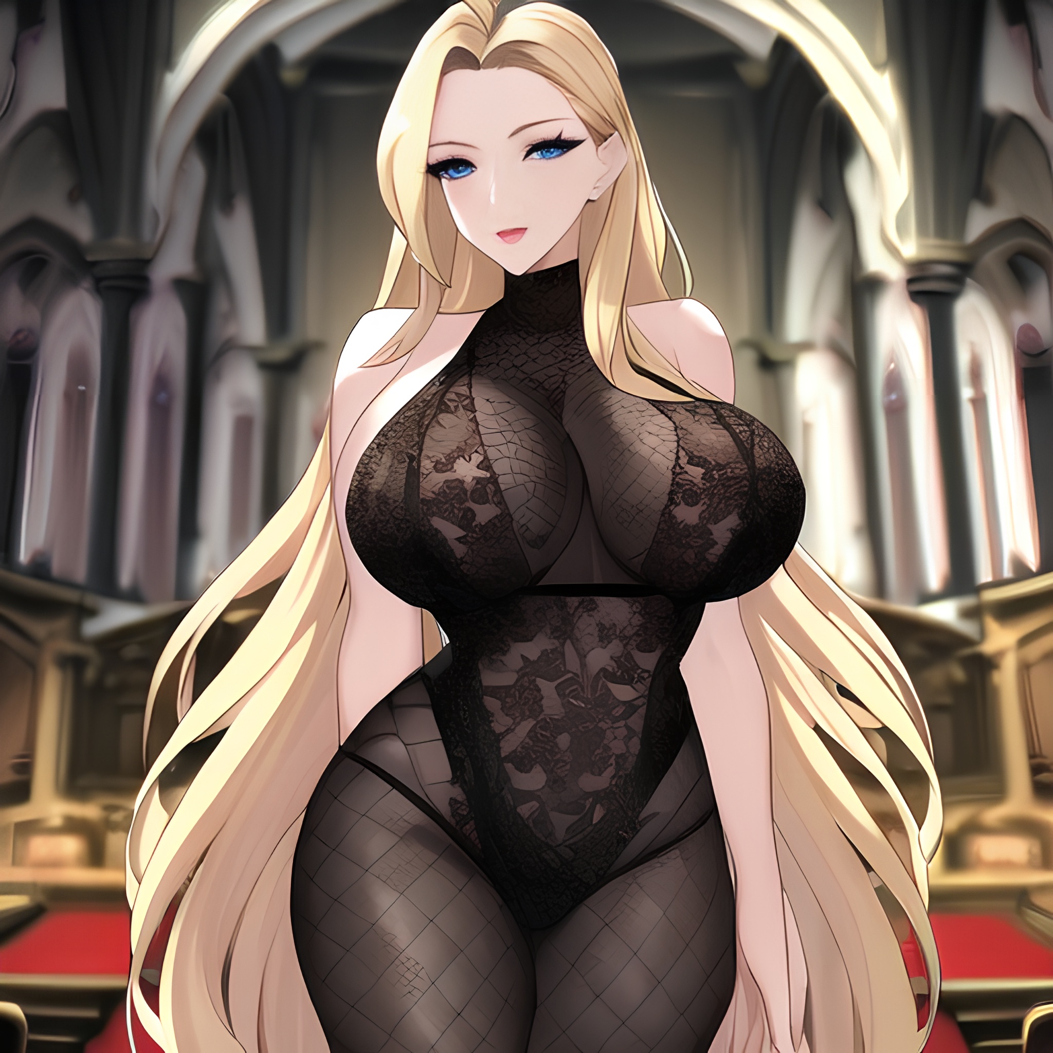 front view small boobs fishnet long hair nude woman blonde church 