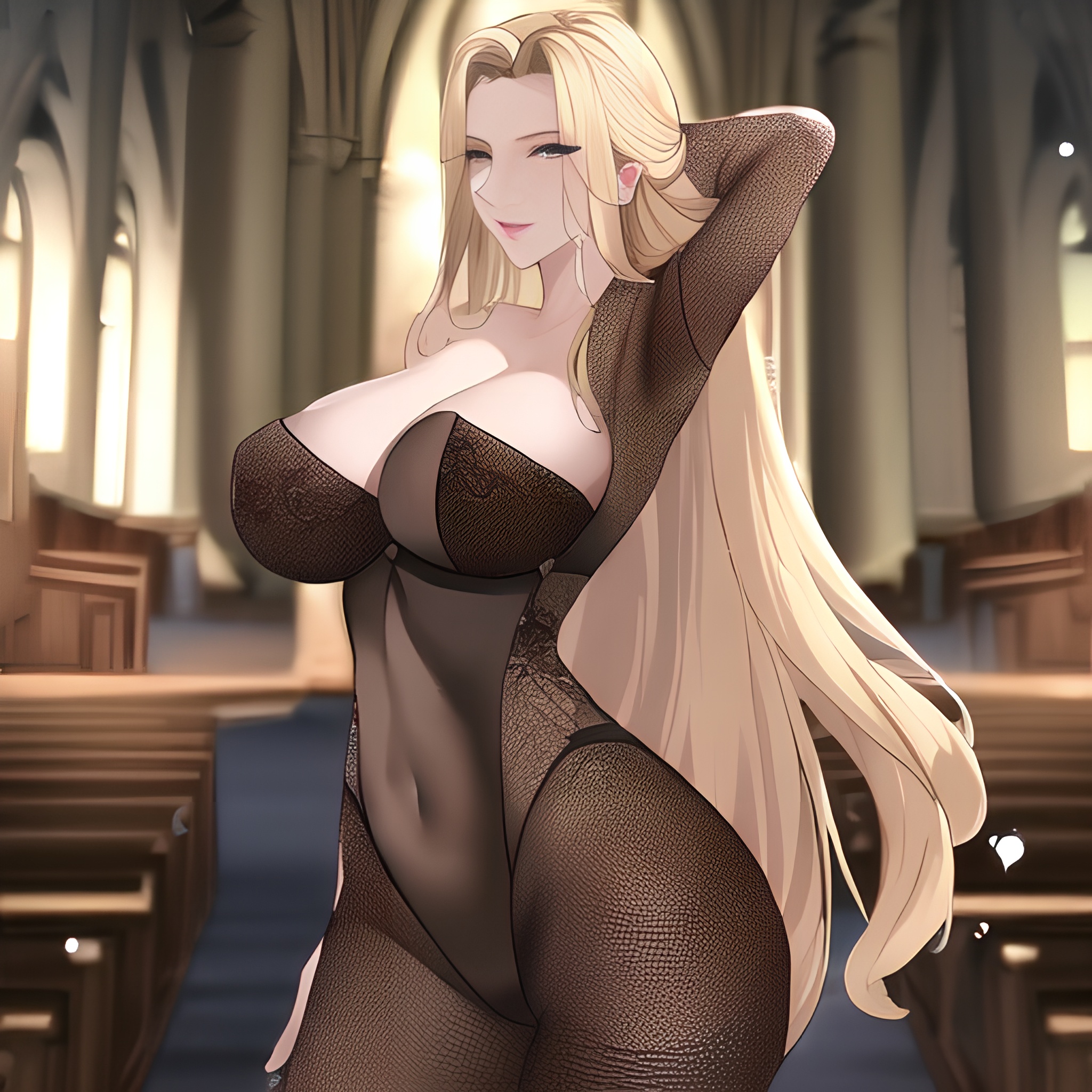 front view small boobs fishnet nude blonde church long hair woman 