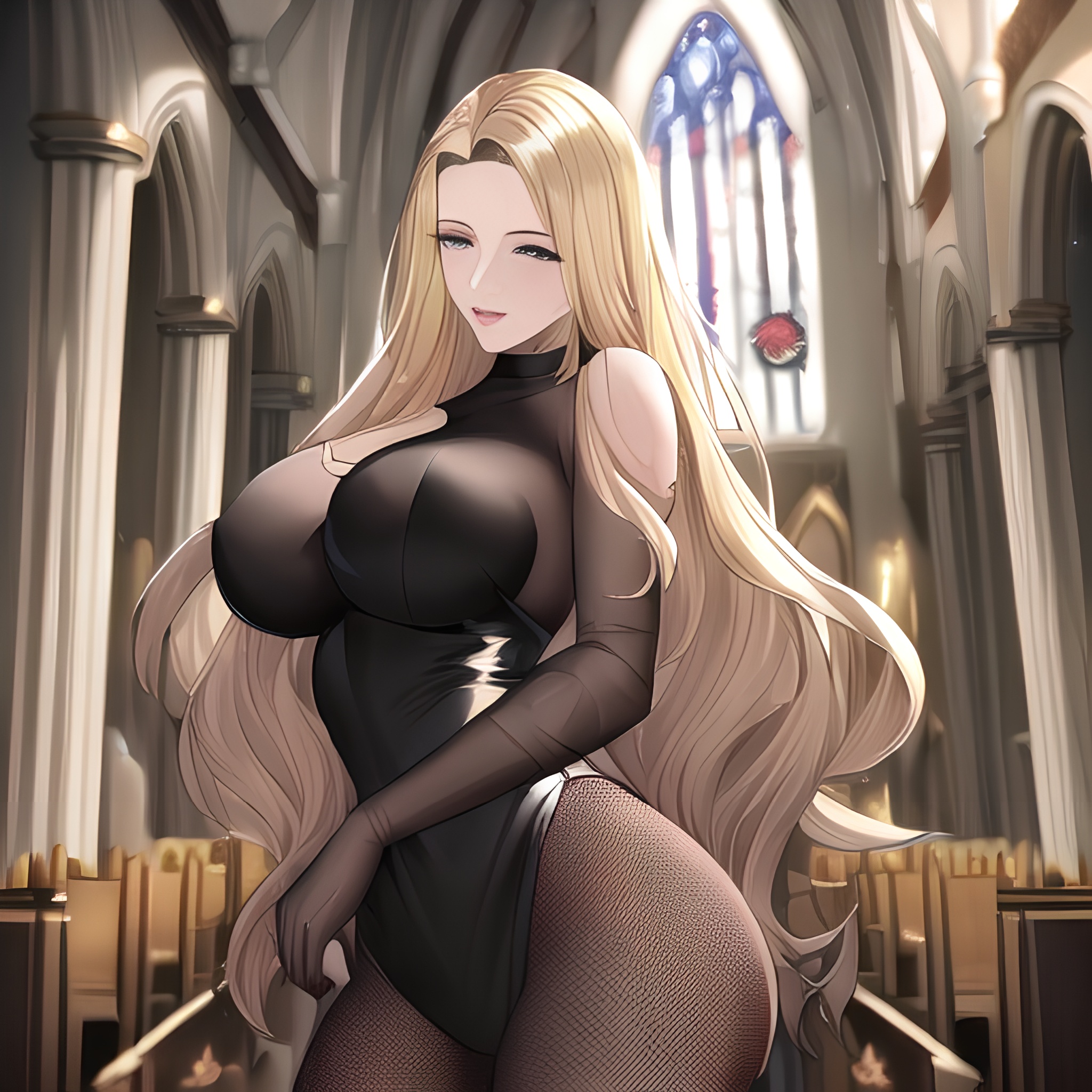 front view small boobs long hair blonde fishnet woman church nude 