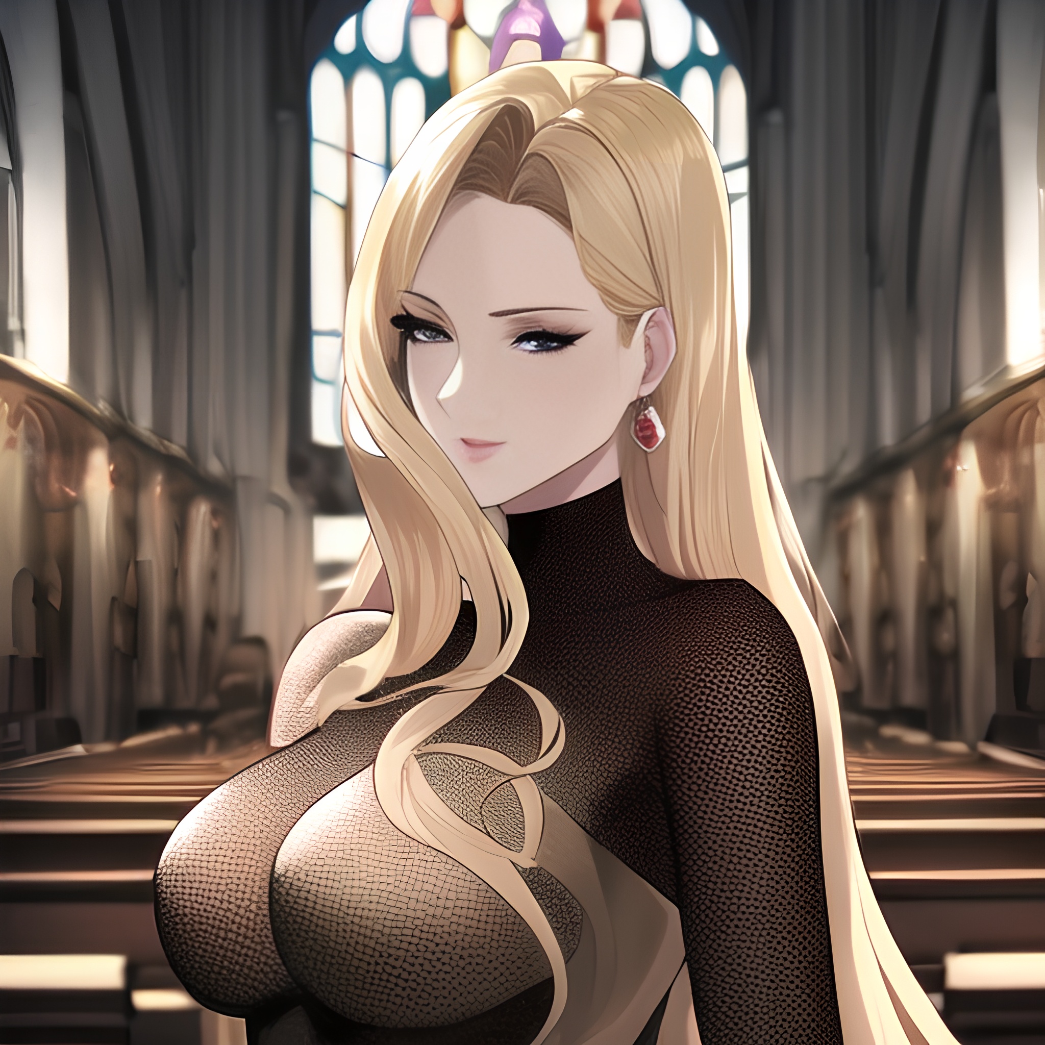 front view small boobs long hair woman church nude blonde fishnet 