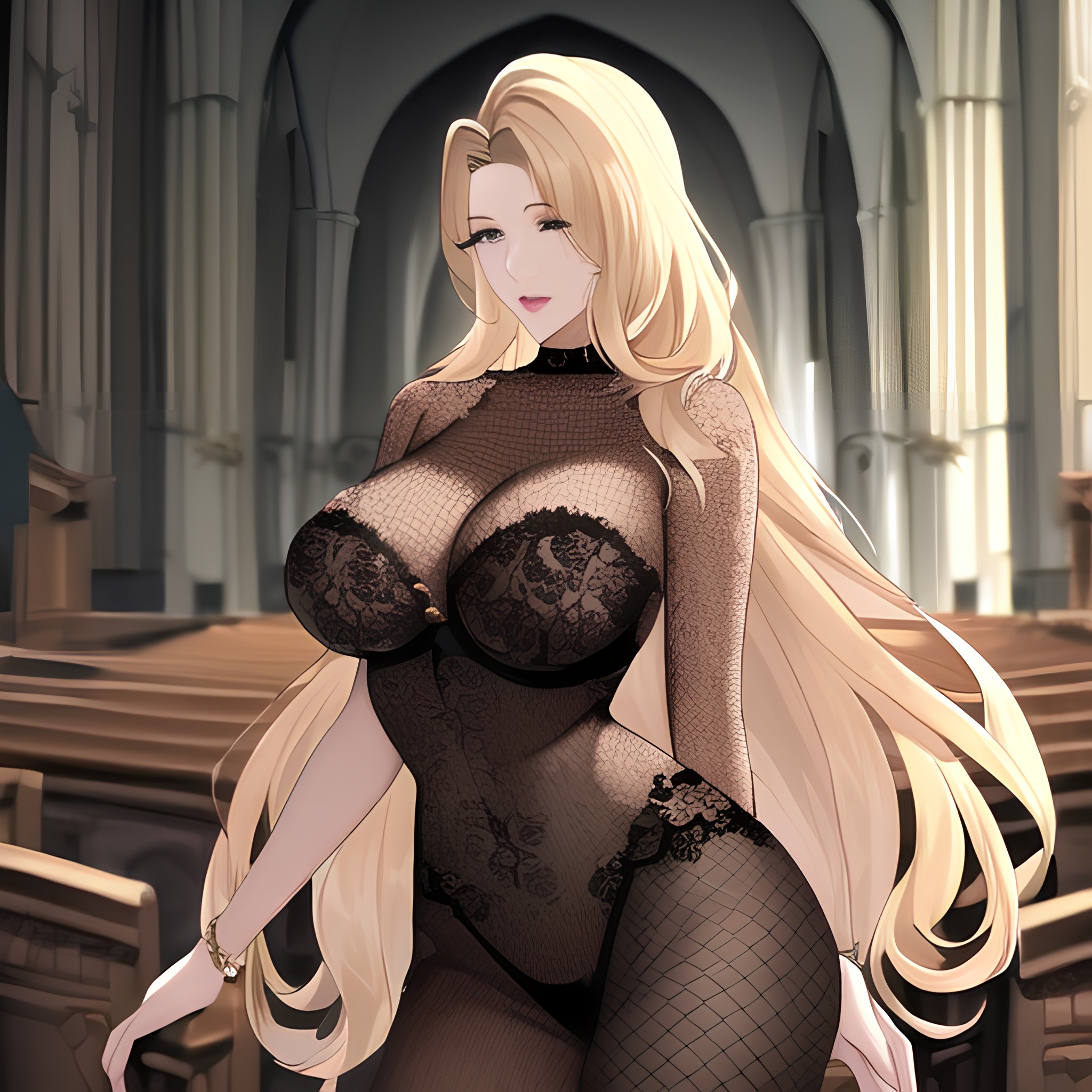 front view small boobs nude blonde woman church long hair fishnet 