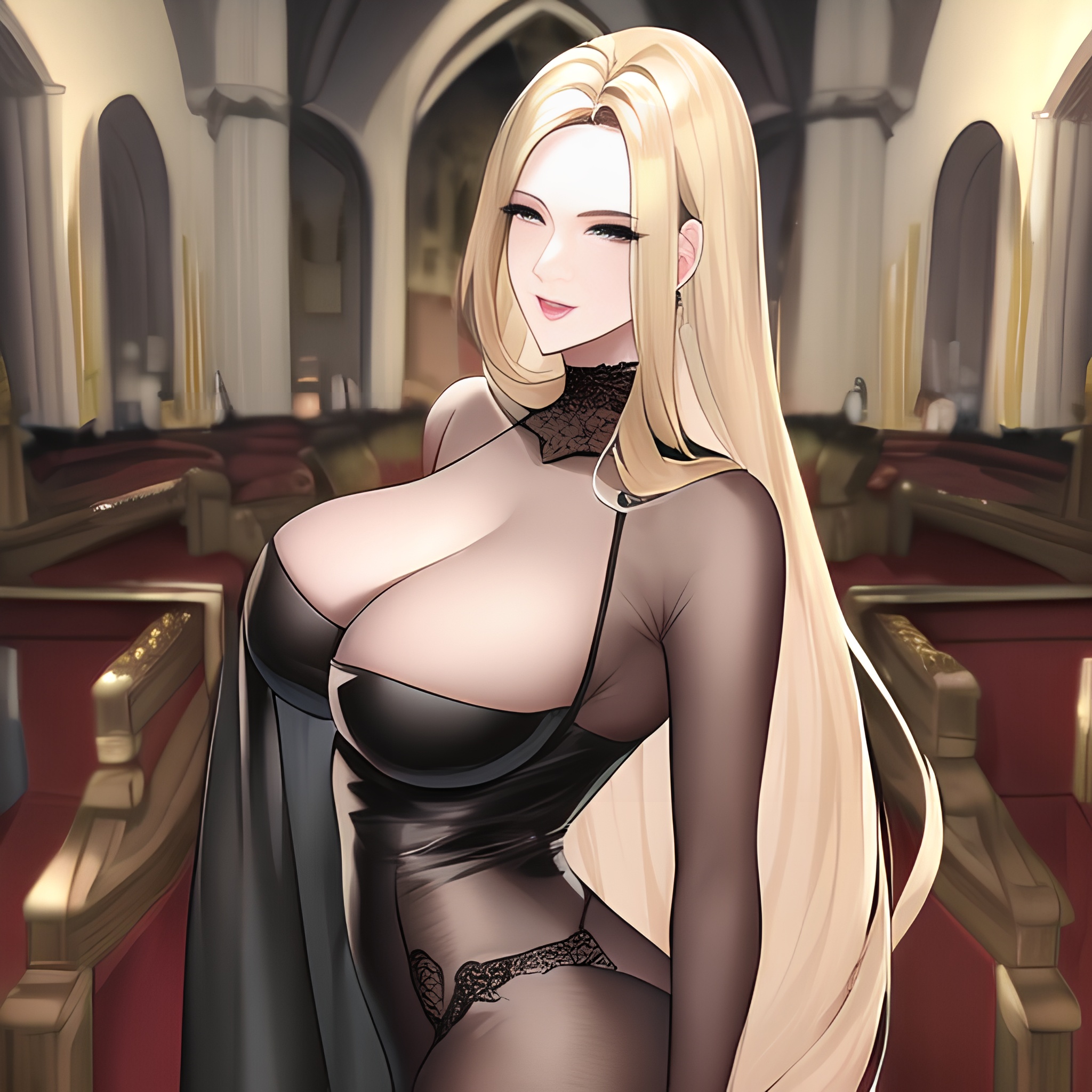 front view small boobs woman church long hair nude blonde fishnet 