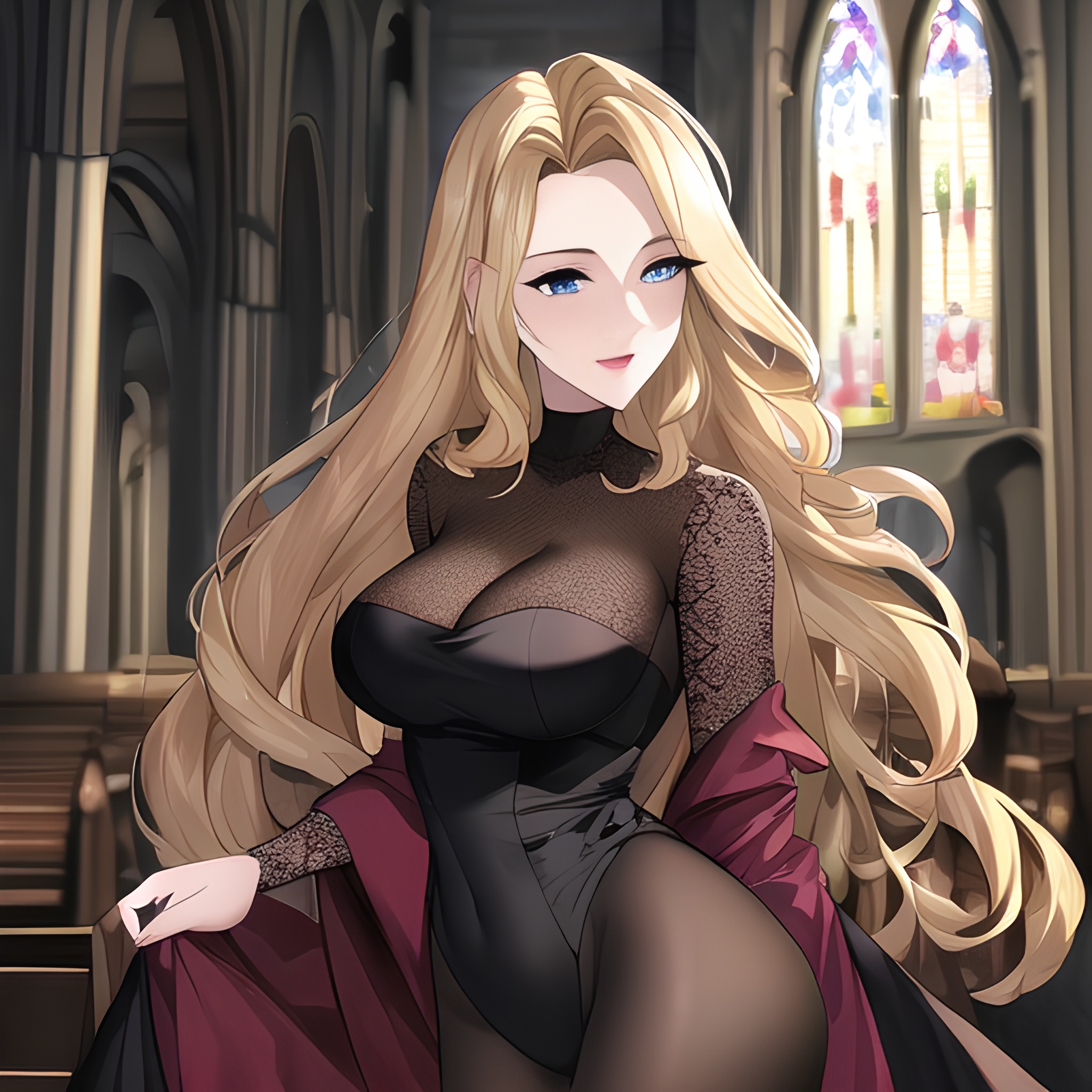 front view small boobs woman fishnet church blonde long hair nude 