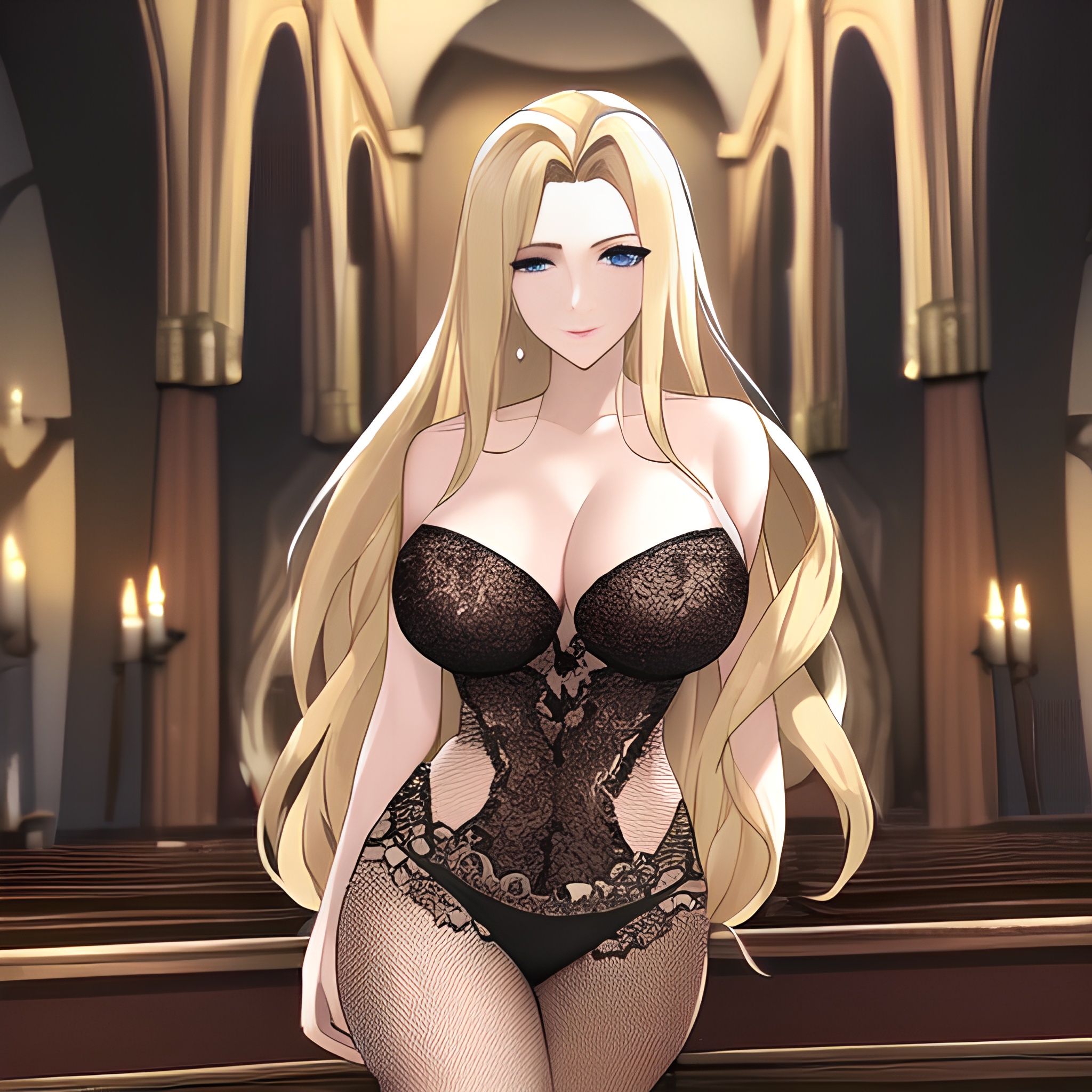 front view small boobs woman fishnet long hair blonde nude church 