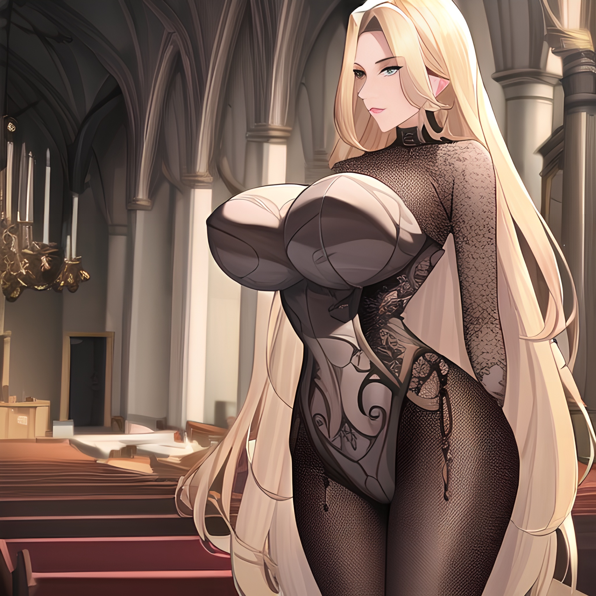 front view small boobs woman long hair fishnet church blonde nude 