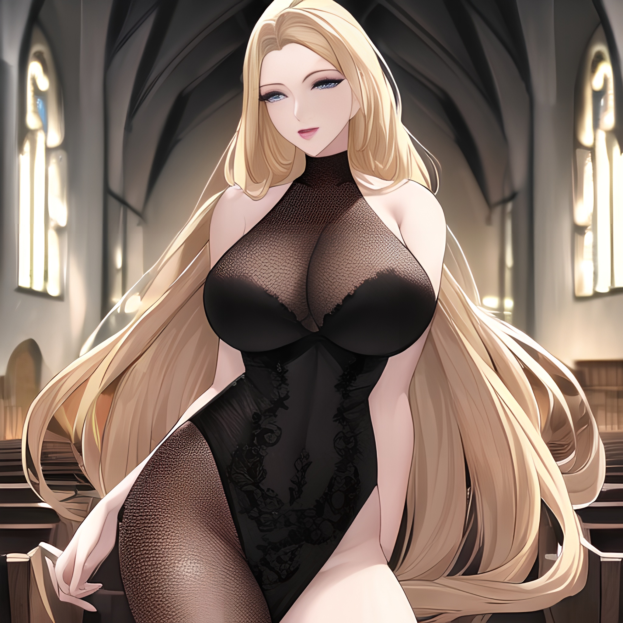 front view small boobs woman nude church blonde fishnet long hair 
