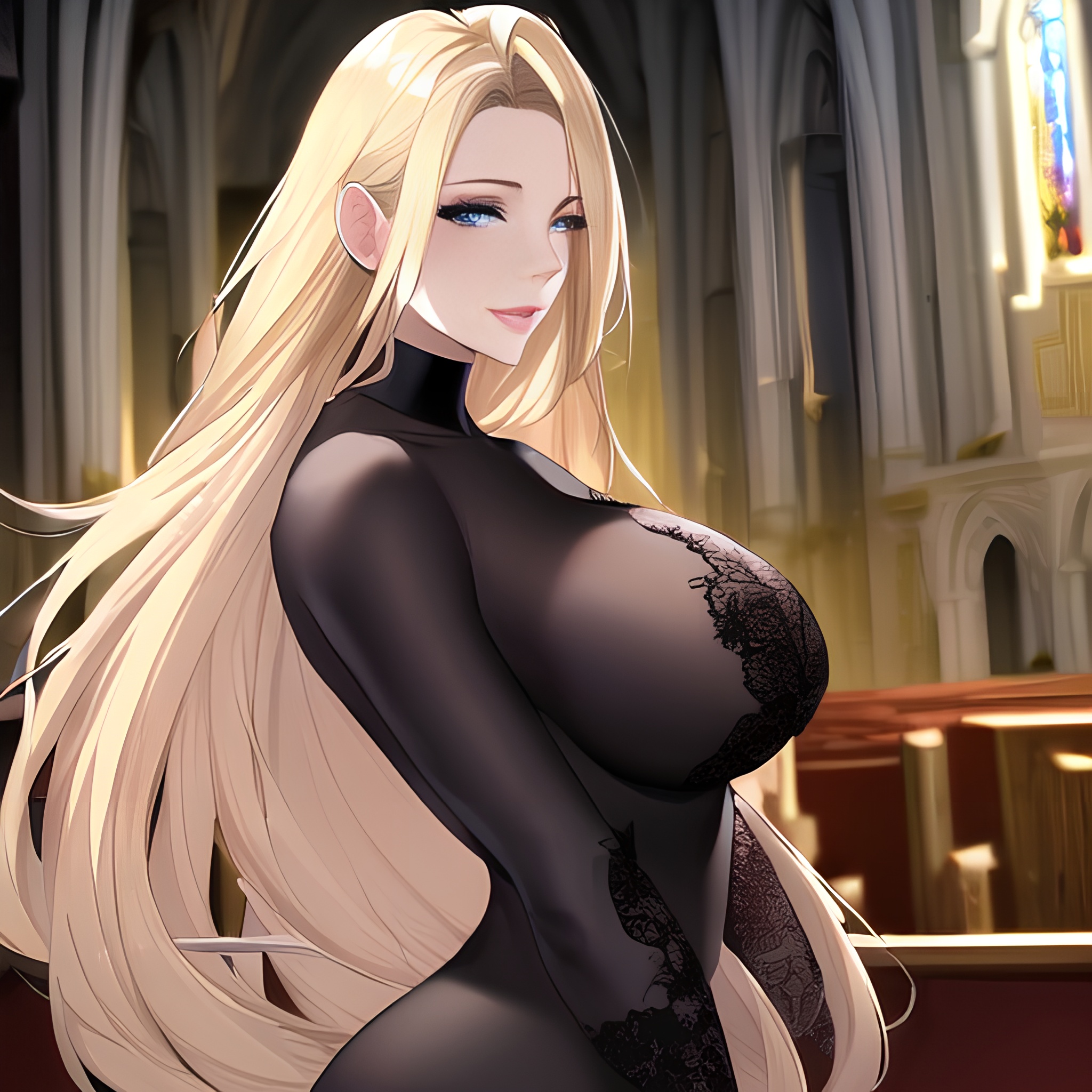 front view small boobs woman nude fishnet long hair blonde church 