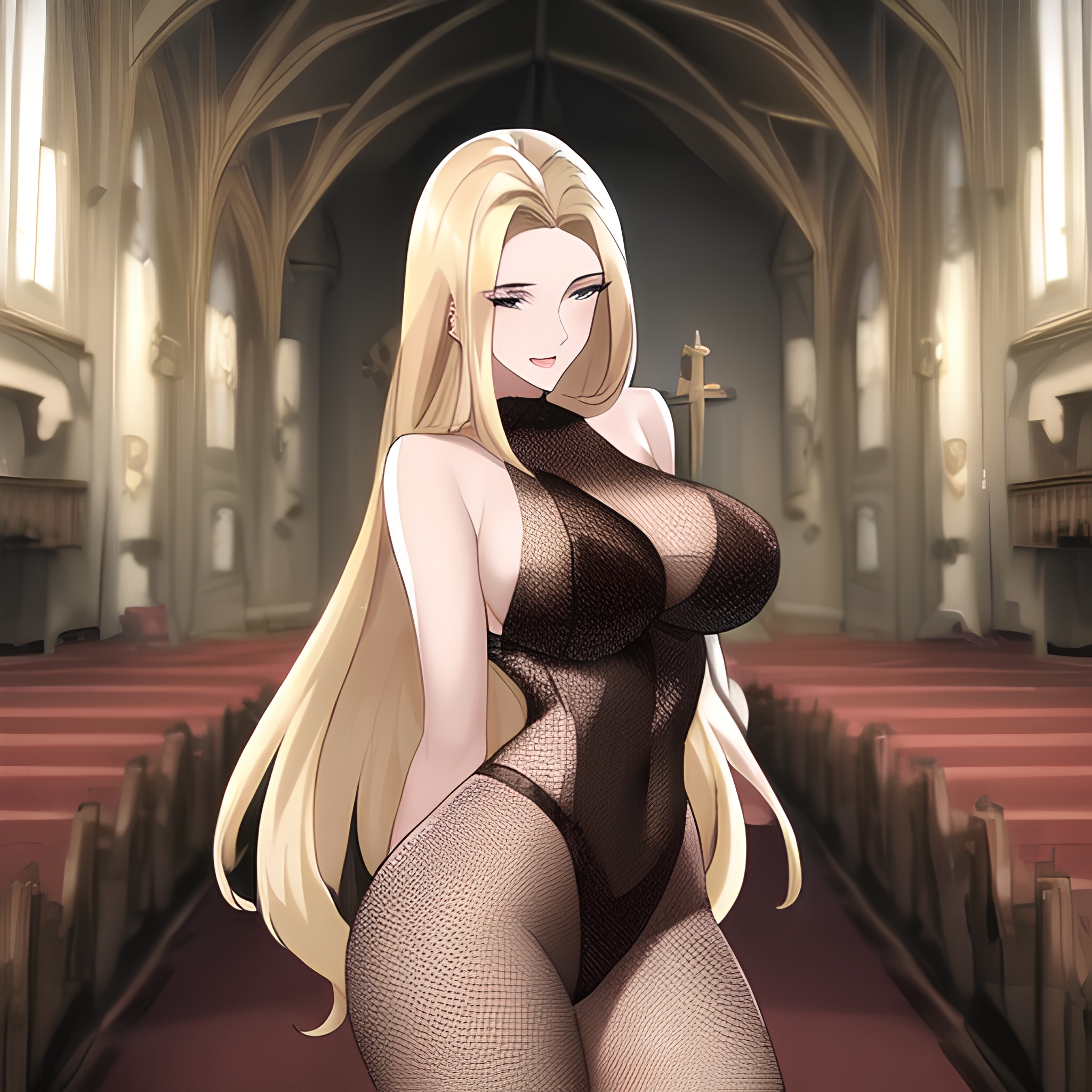 front view small boobs woman nude long hair fishnet blonde church 