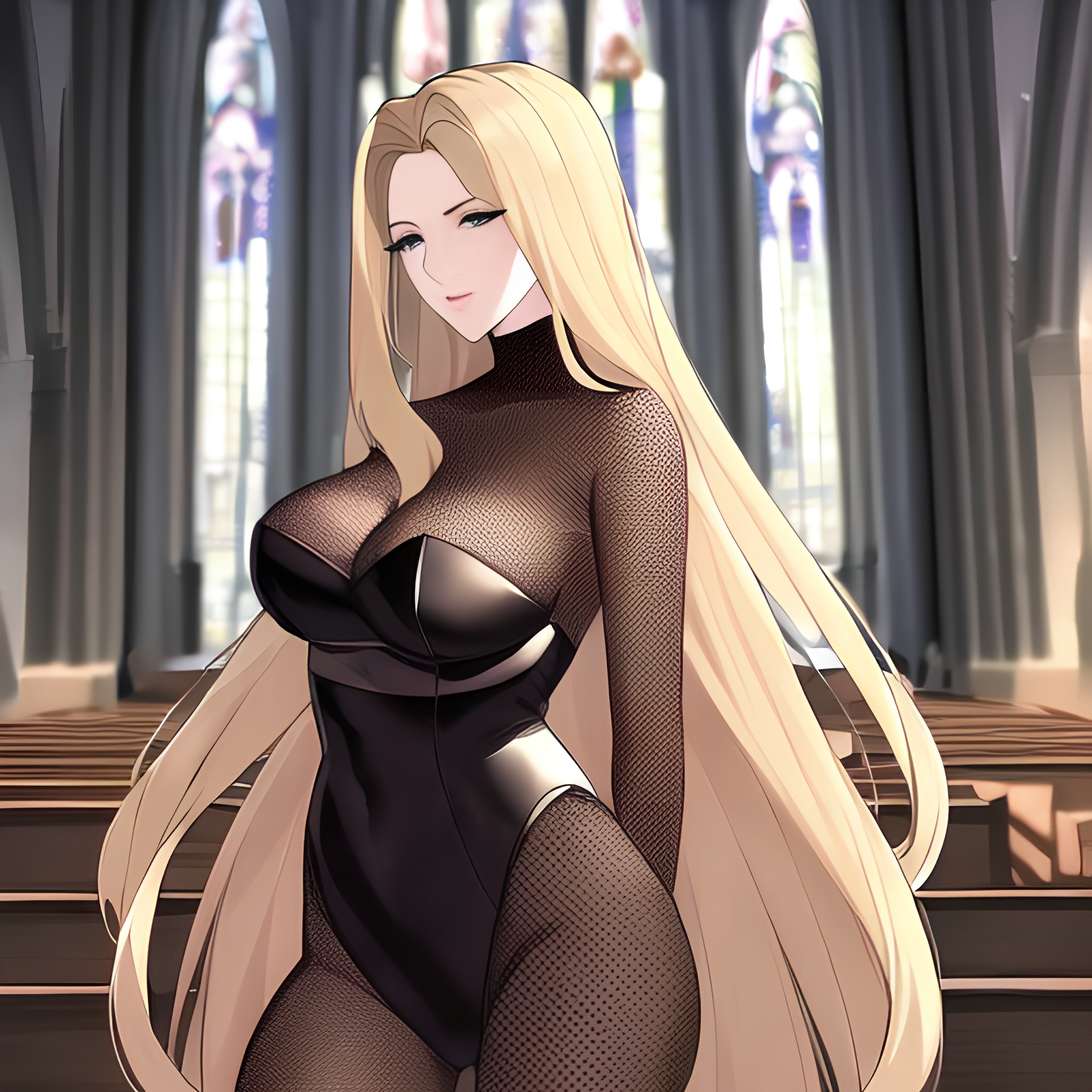 front view woman blonde fishnet long hair church nude small boobs 
