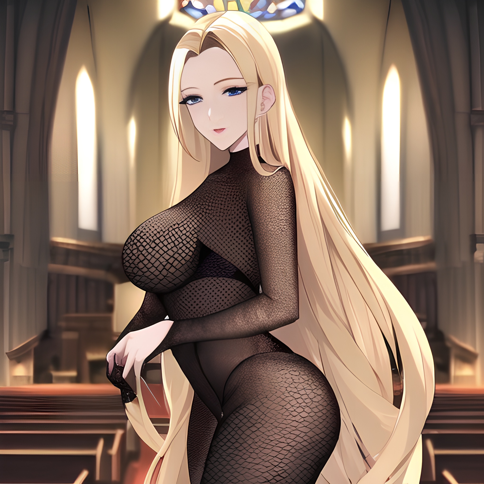 front view woman blonde fishnet long hair nude church small boobs 