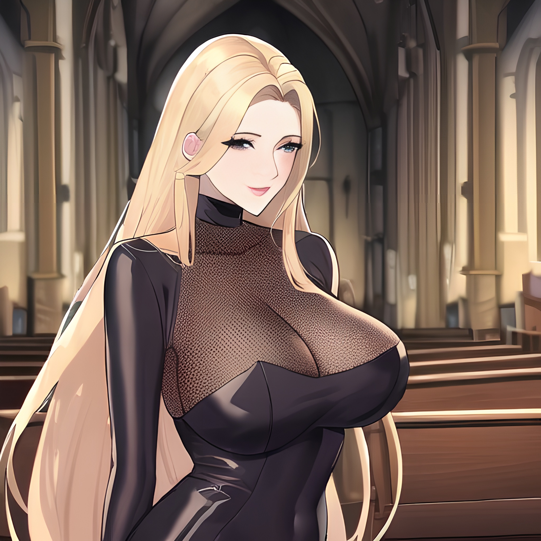 front view woman blonde fishnet nude church small boobs long hair 