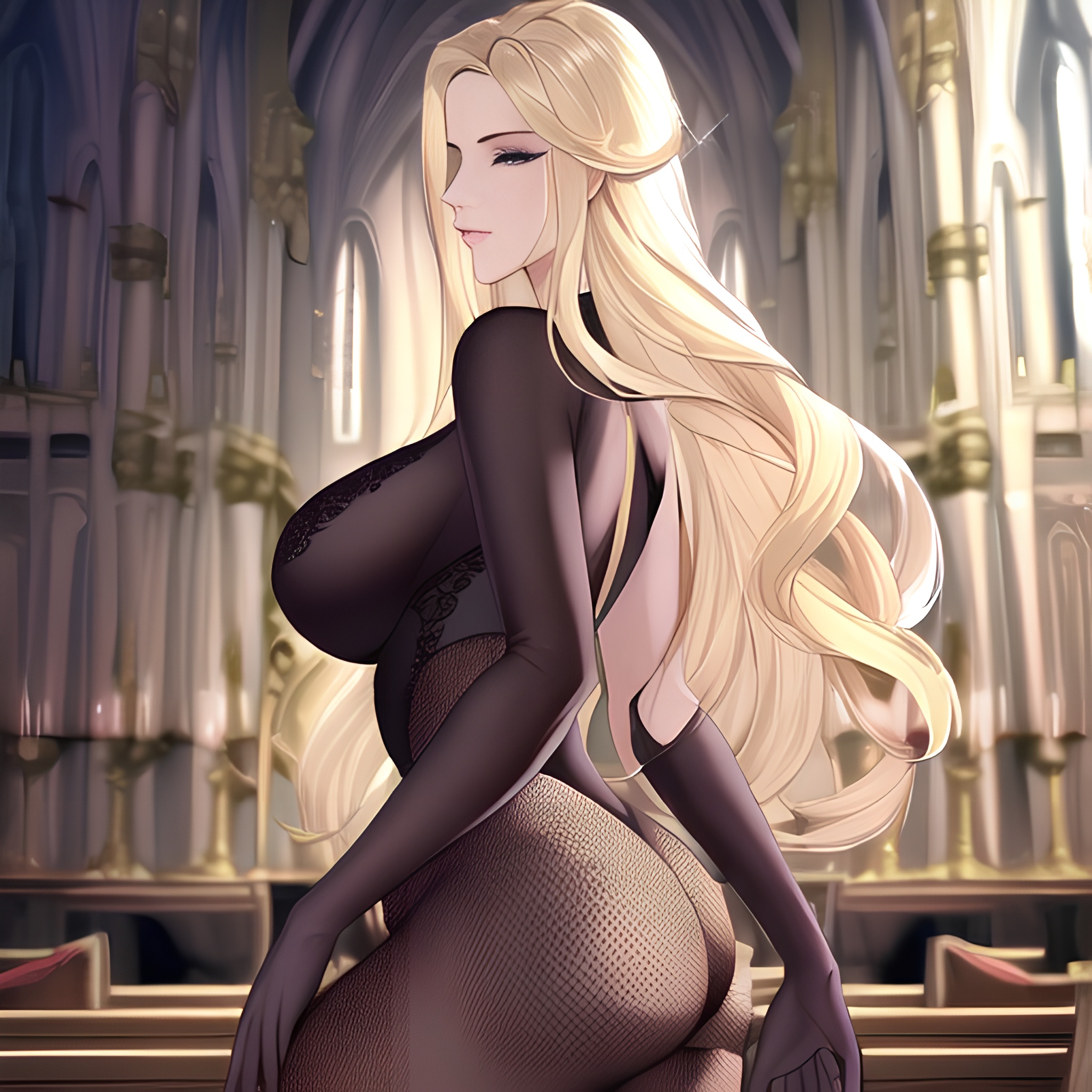 front view woman blonde nude church long hair fishnet small boobs 