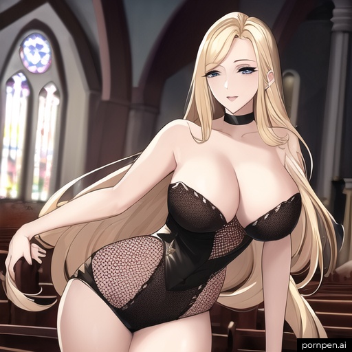 front view woman blonde nude fishnet small boobs church long hair 