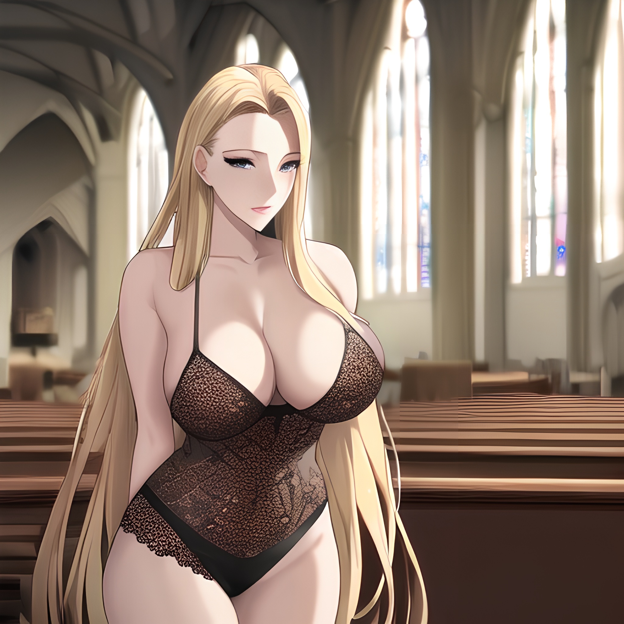 front view woman church nude small boobs blonde fishnet long hair 