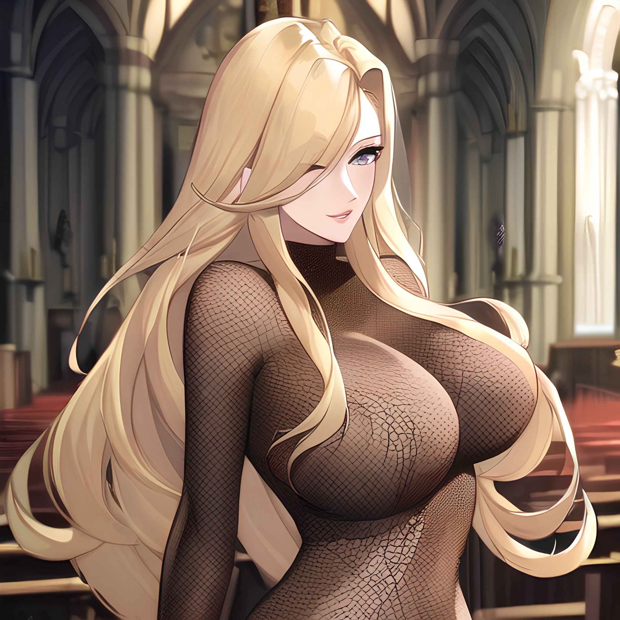 front view woman fishnet long hair nude blonde small boobs church
